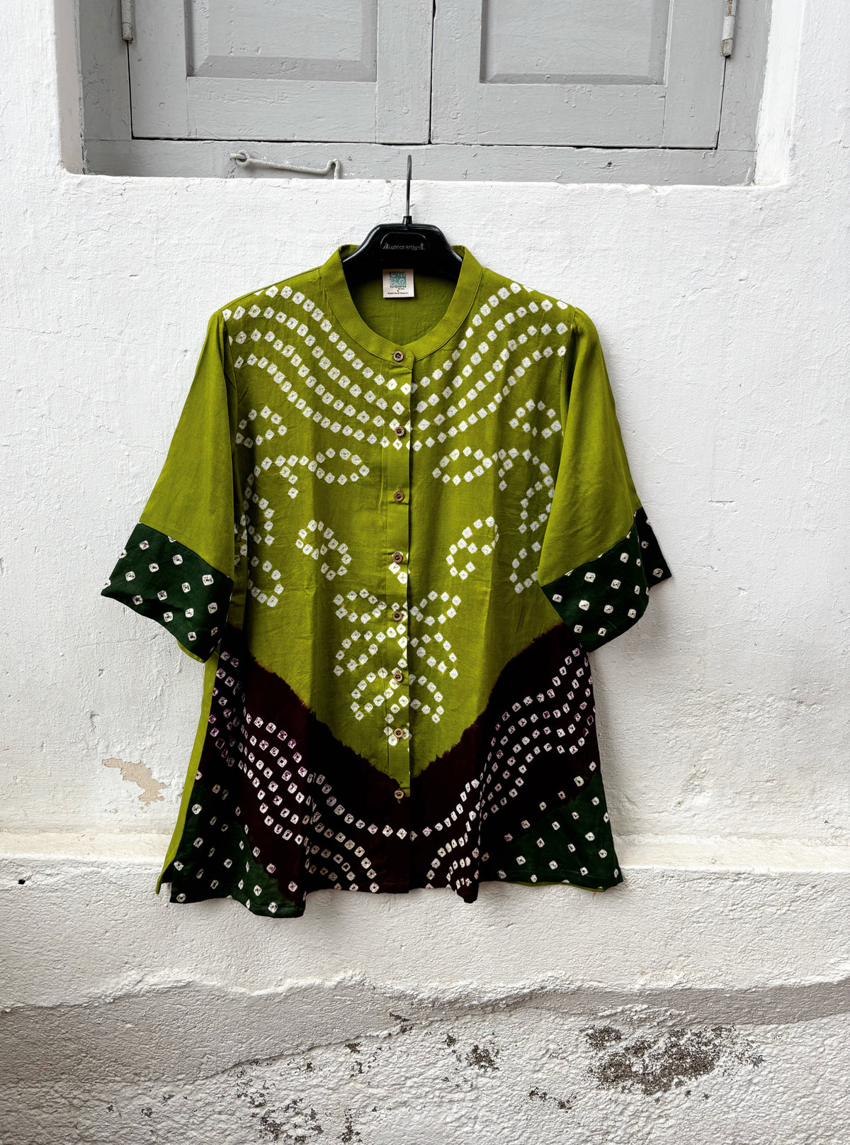 Aranya three-shade Bandhani cotton satin shirt in moss olive green, deep forest green and deep maroon with ivory motifs