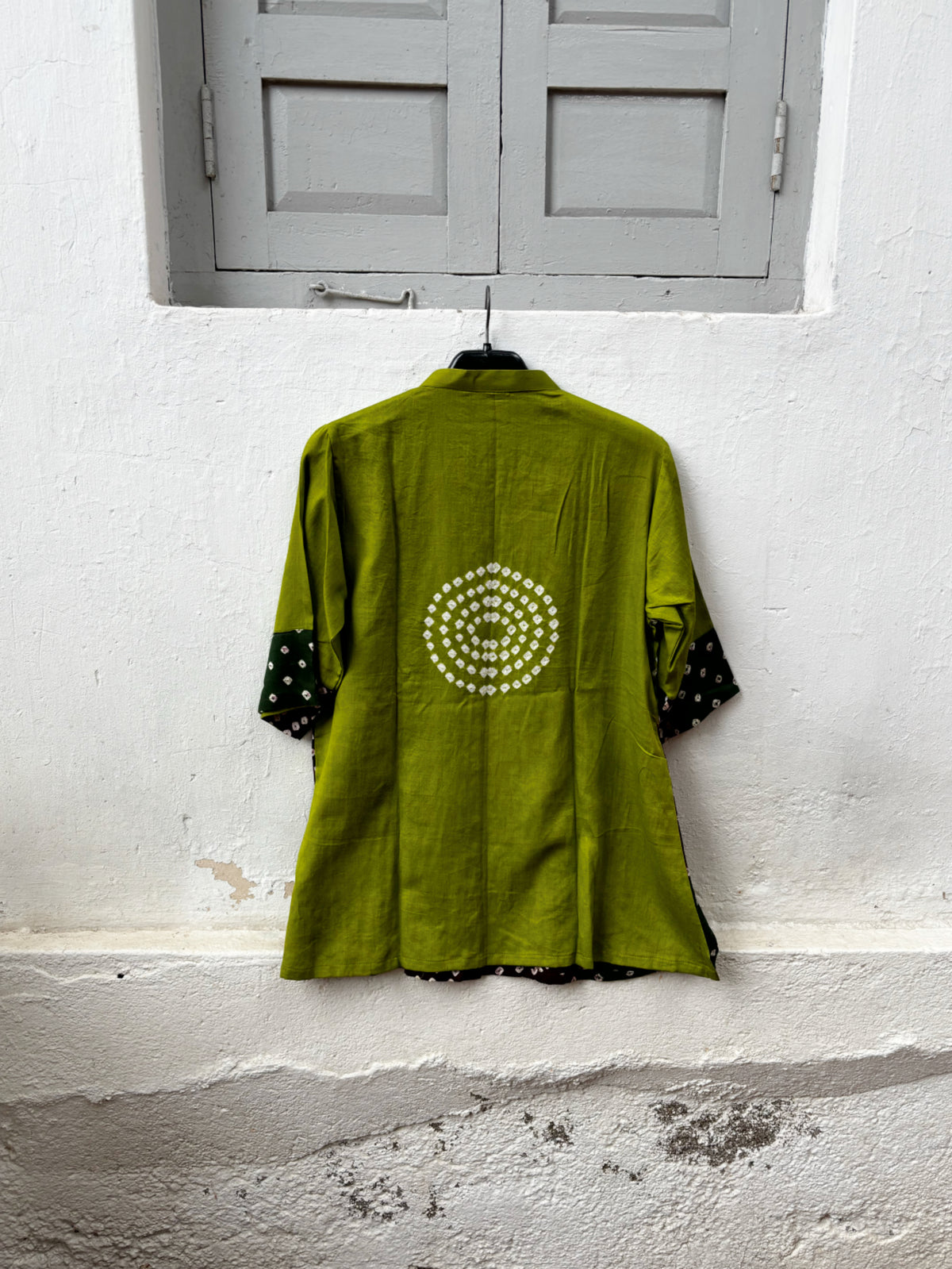 Aranya three-shade Bandhani cotton satin shirt in moss olive green, deep forest green and deep maroon with ivory motifs