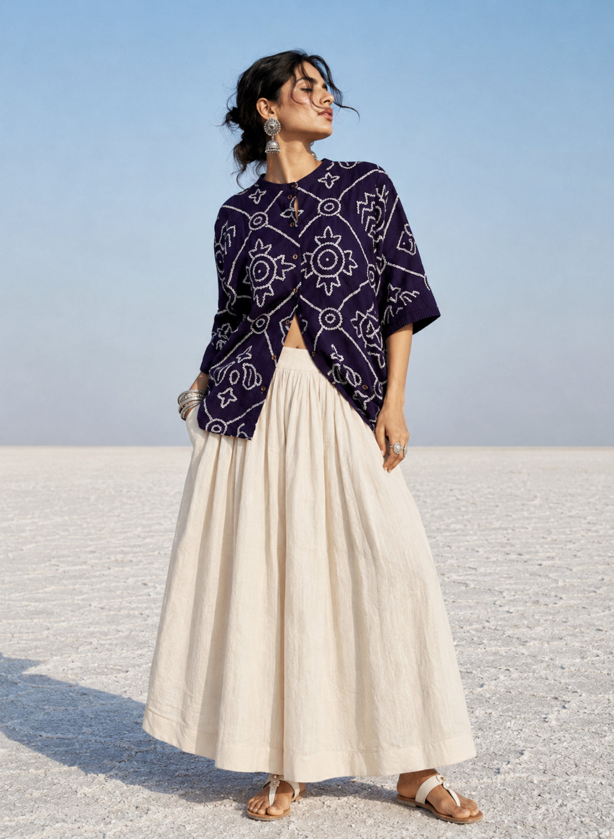 Banafsha festive Rai Bandhani cotton shirt in deep plum purple with ivory hand tie-dyed Bandhani, pleated neckline and three-quarter sleeves
