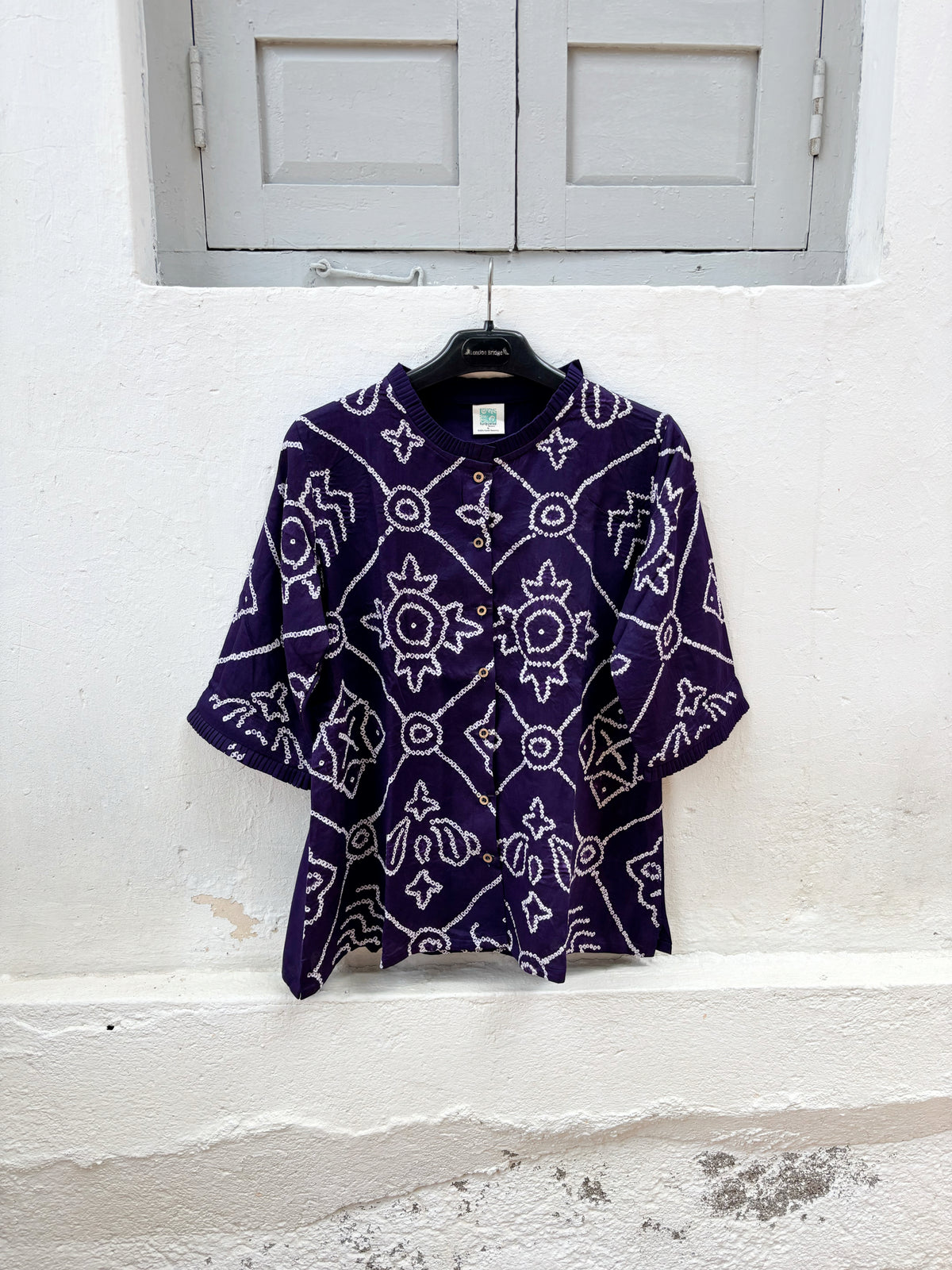 Banafsha festive Rai Bandhani cotton shirt in deep plum purple with ivory hand tie-dyed Bandhani, pleated neckline and three-quarter sleeves
