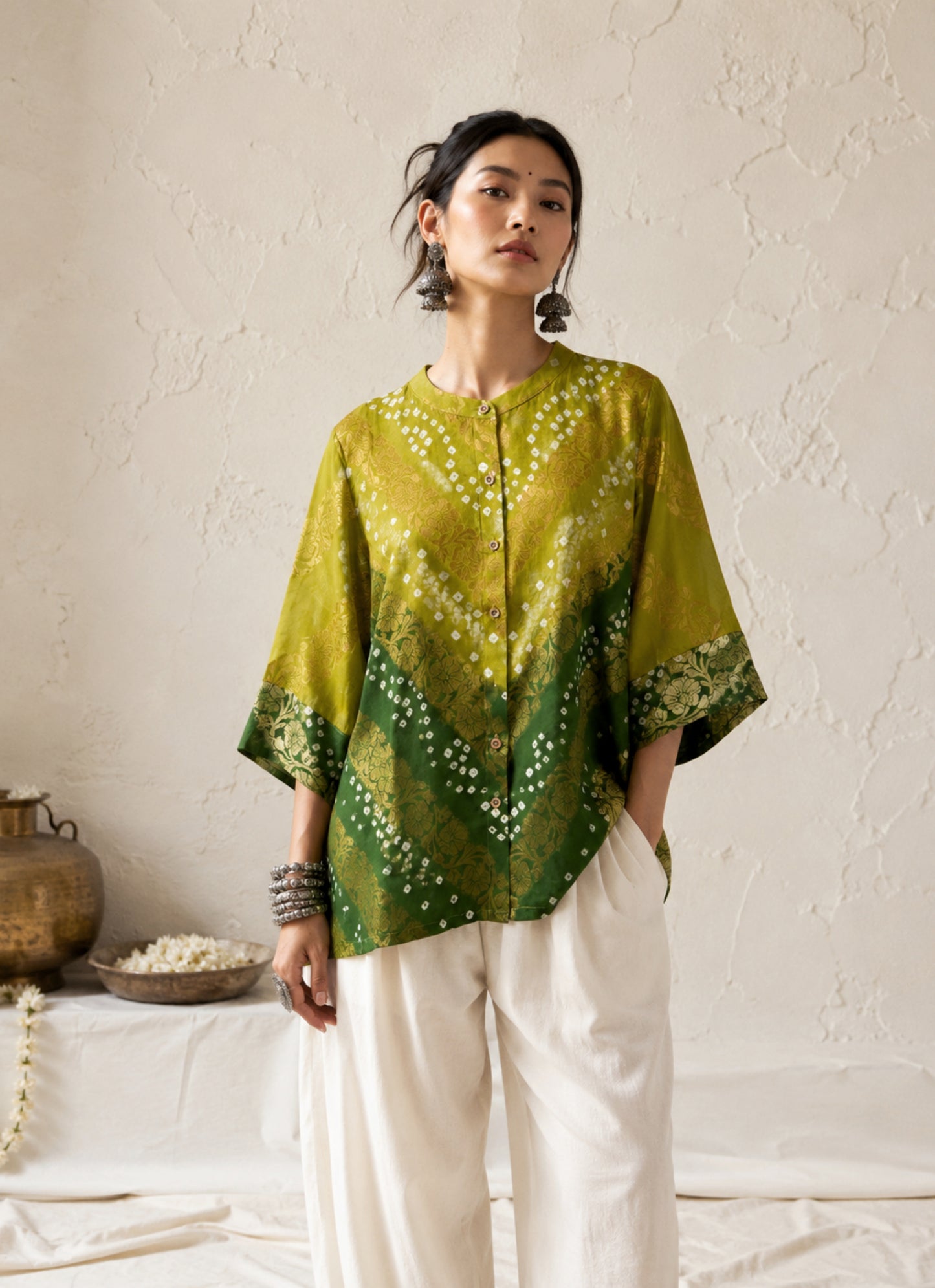 Bela festive Bandhani cotton shirt in olive and deep forest green with ivory hand tie-dyed Bandhani and antique-gold self-Banarasi floral weave