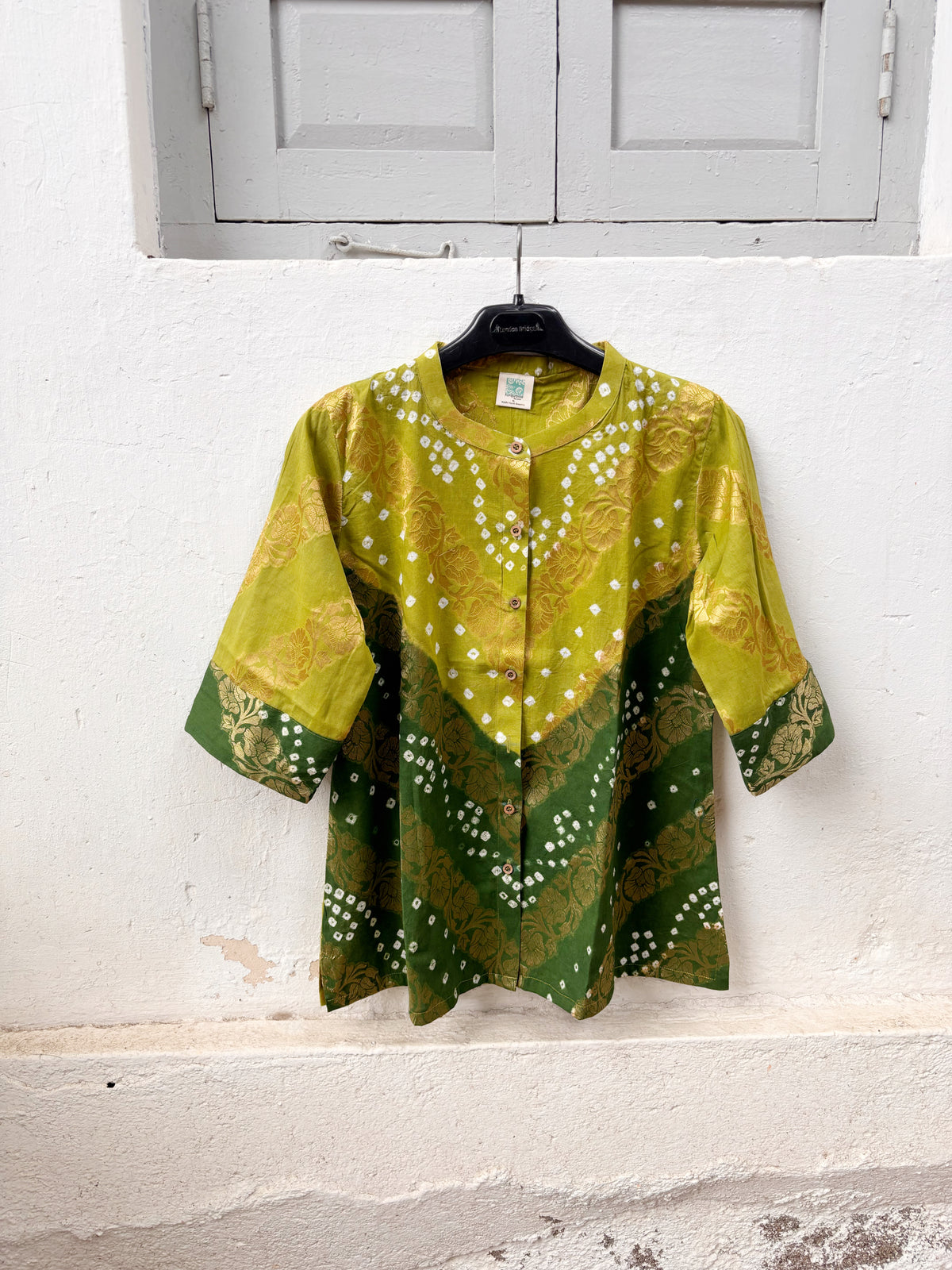Bela festive Bandhani cotton shirt in olive and deep forest green with ivory hand tie-dyed Bandhani and antique-gold self-Banarasi floral weave