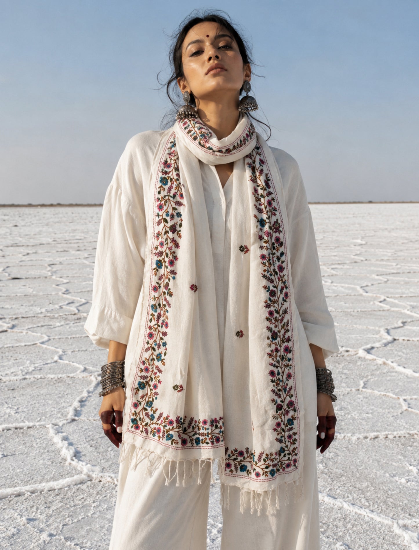 Bela hand spun handwoven off-white cotton dupatta with multicolour floral hand embroidered borders, scattered floral butis, and handcrafted tassels.