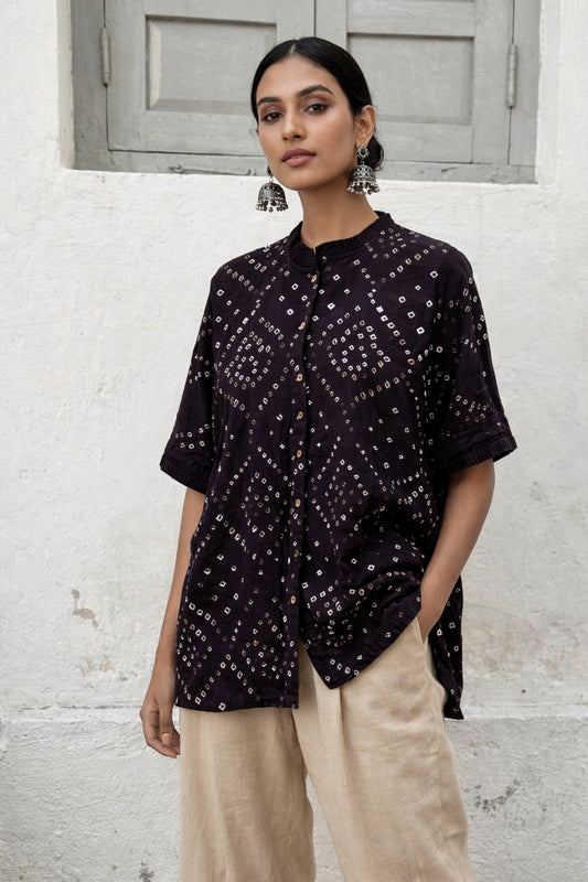 Black Bandhani shirt for women with pleated neckline and sleeve hems, hand tie dyed geometric patterns on cotton satin, relaxed fit