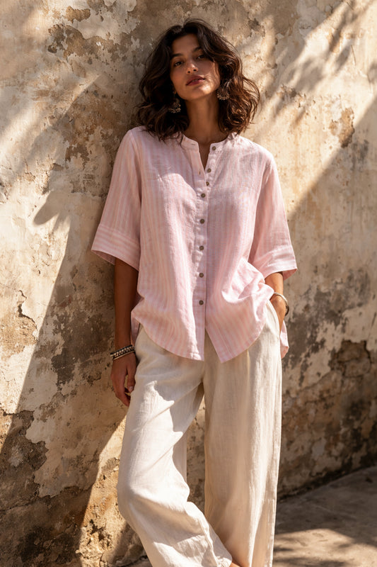 Blush pink and white striped handspun handwoven cotton shirt for women with band collar and 14 inch sleeves