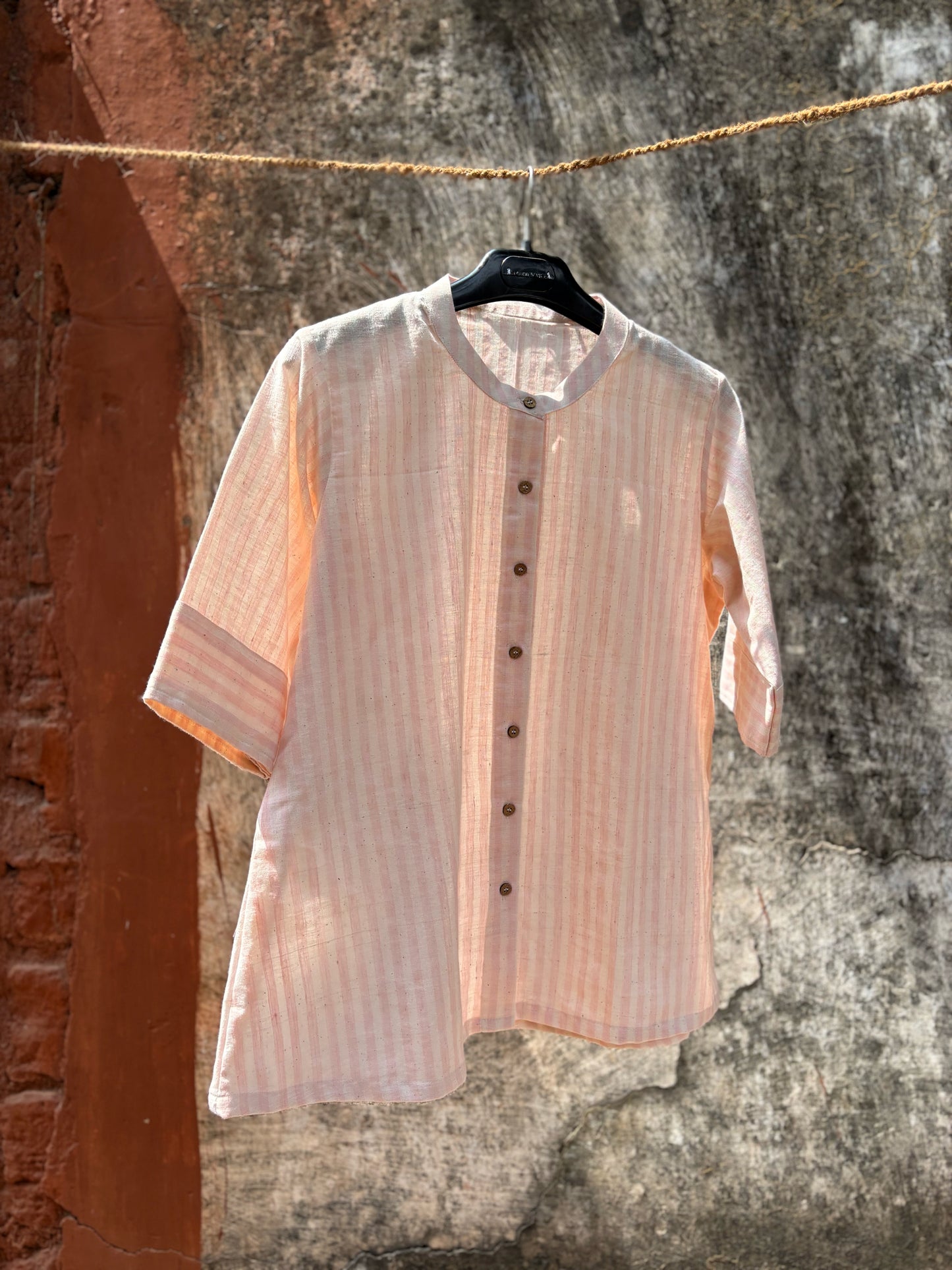 Blush pink and white striped handspun handwoven cotton shirt for women with band collar and 14 inch sleeves