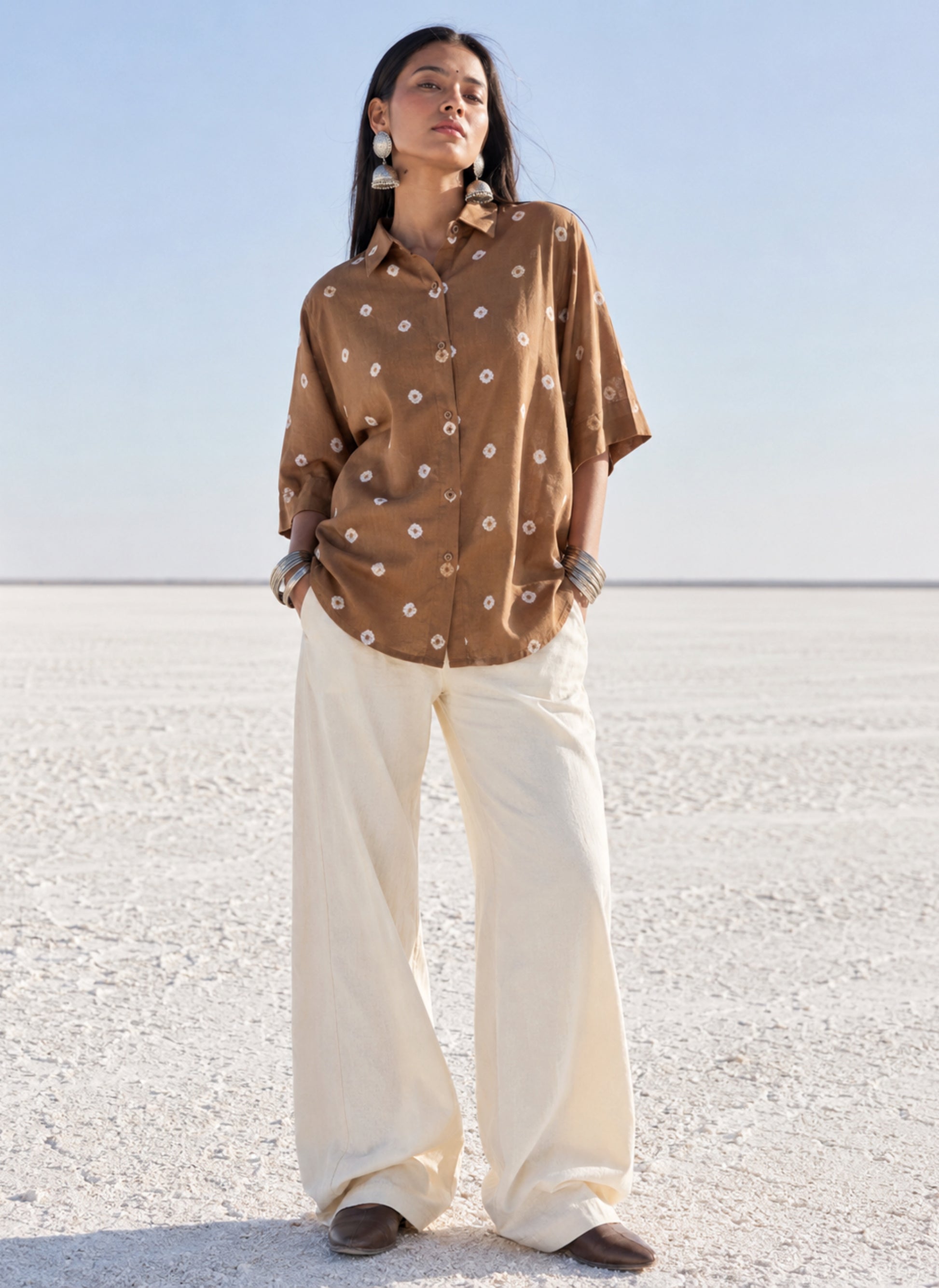 Camel brown hand tie-dyed Bandhani cotton shirt with a classic shirt collar.
