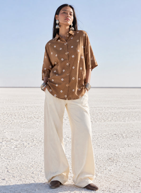 Camel brown hand tie-dyed Bandhani cotton shirt with a classic shirt collar.