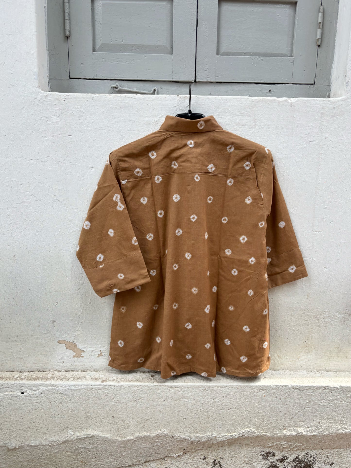 Relaxed fit camel brown Bandhani cotton shirt for everyday wear.