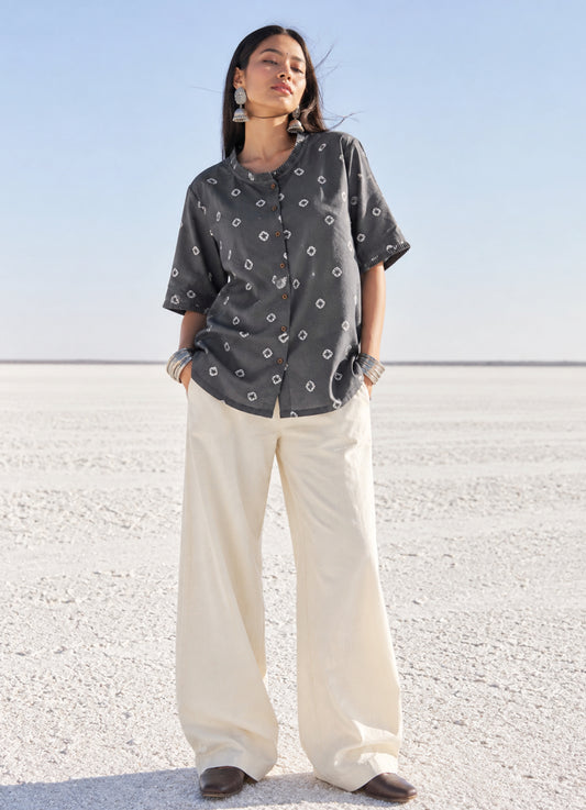 Charcoal grey hand tie-dyed Bandhani cotton shirt with a pleated round neck.