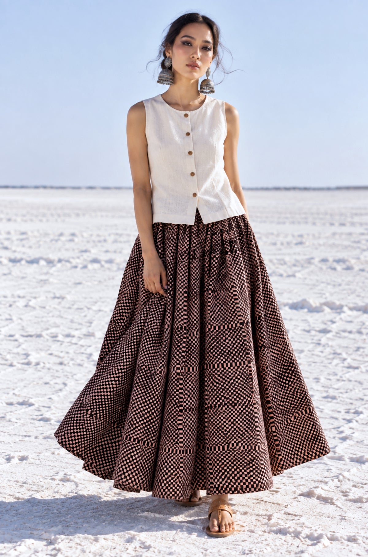 Chaukadi charcoal black and beige checkered Ajrakh cotton skirt with hand block printed natural dye pattern