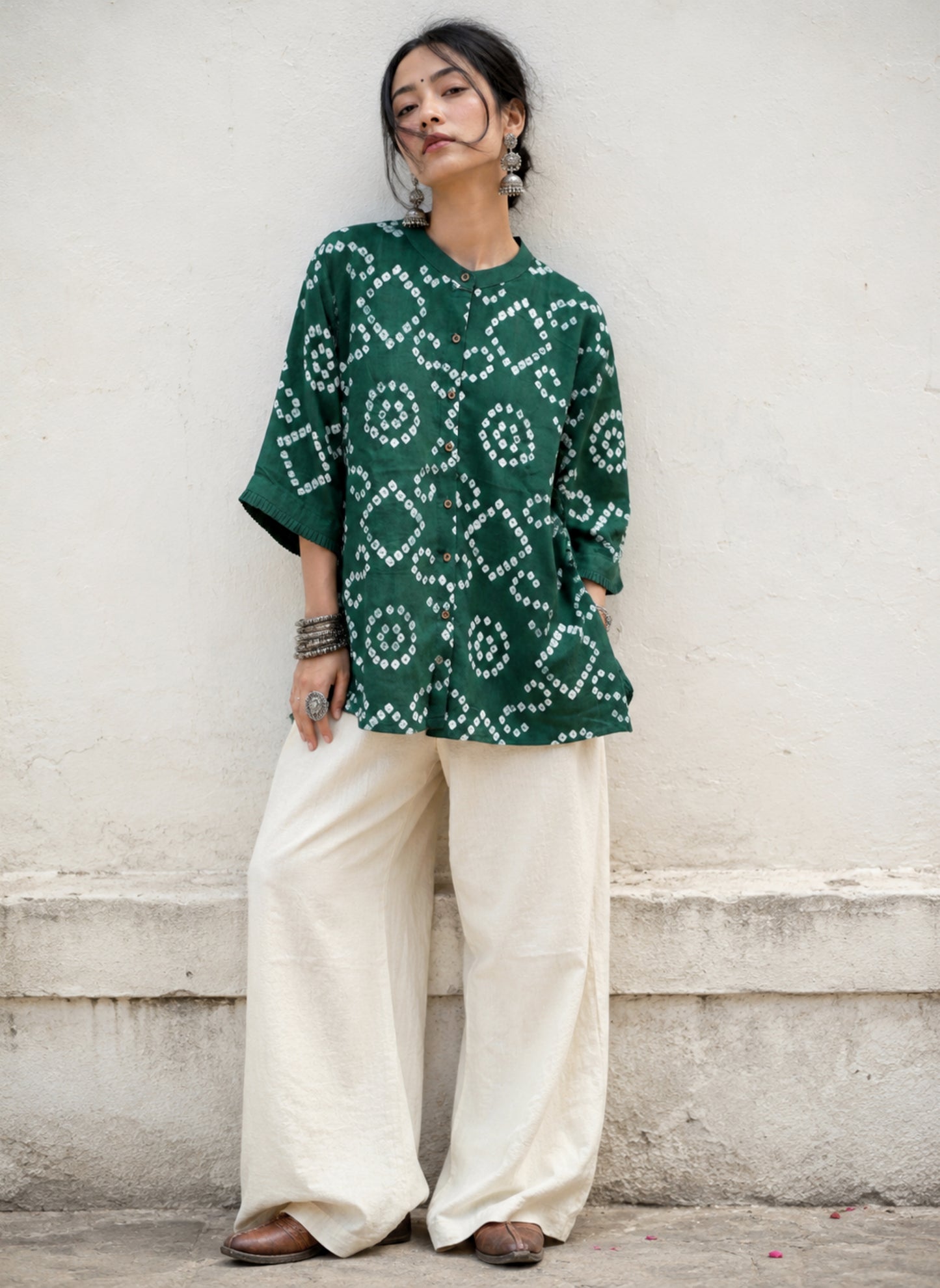 Handcrafted Deep Moss Green Cotton Satin Bandhani Shirt