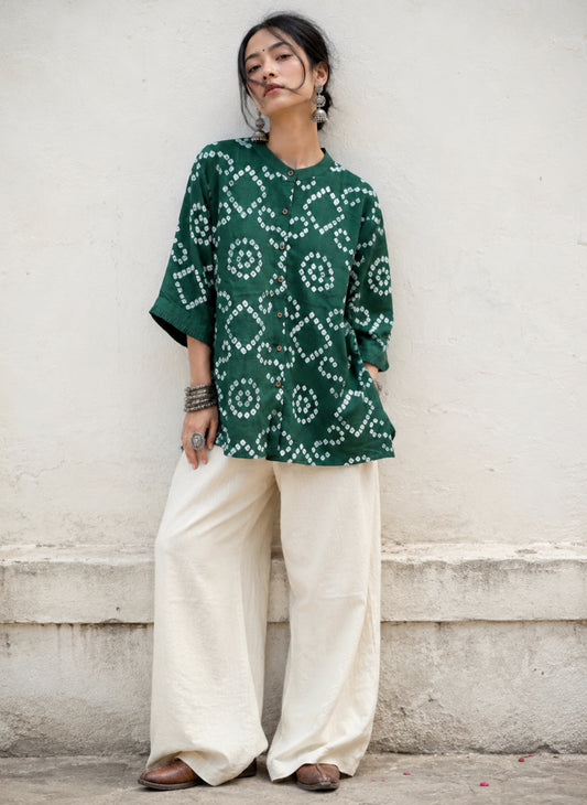 Handcrafted Deep Moss Green Cotton Satin Bandhani Shirt