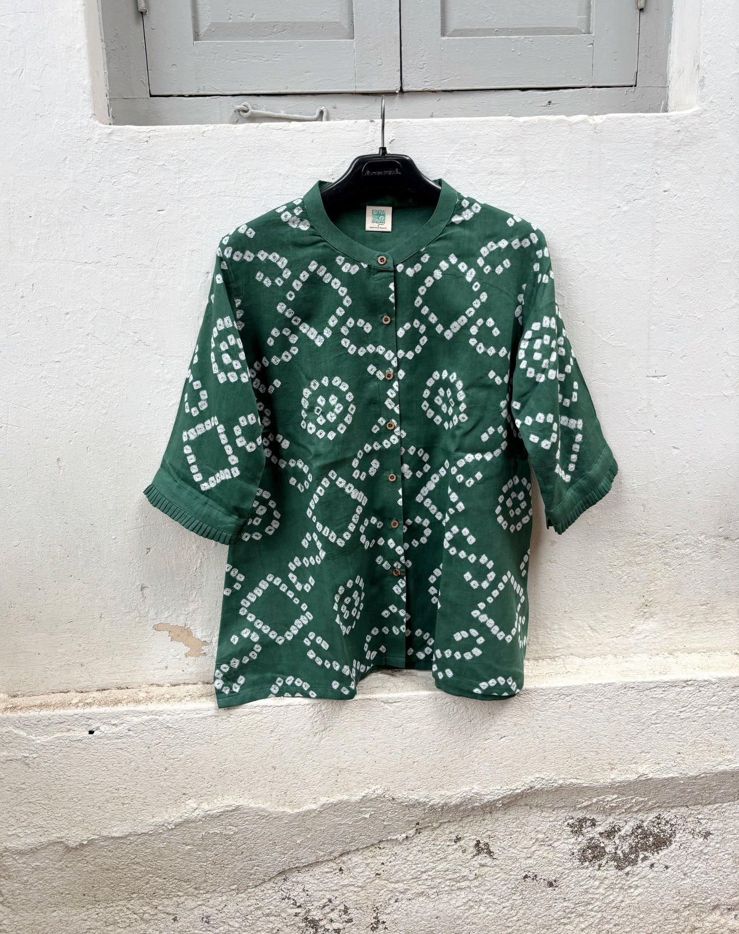 Cotton Satin Bandhani Shirt with Soft Mandarin Collar