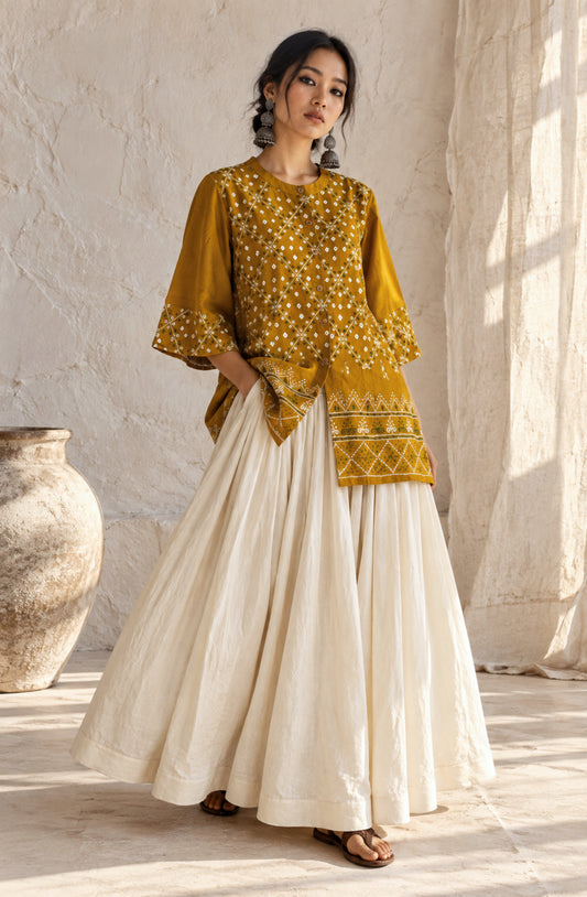 Dhoop mustard-gold hand tie-dyed Bandhani cotton satin shirt with geometric machine embroidery