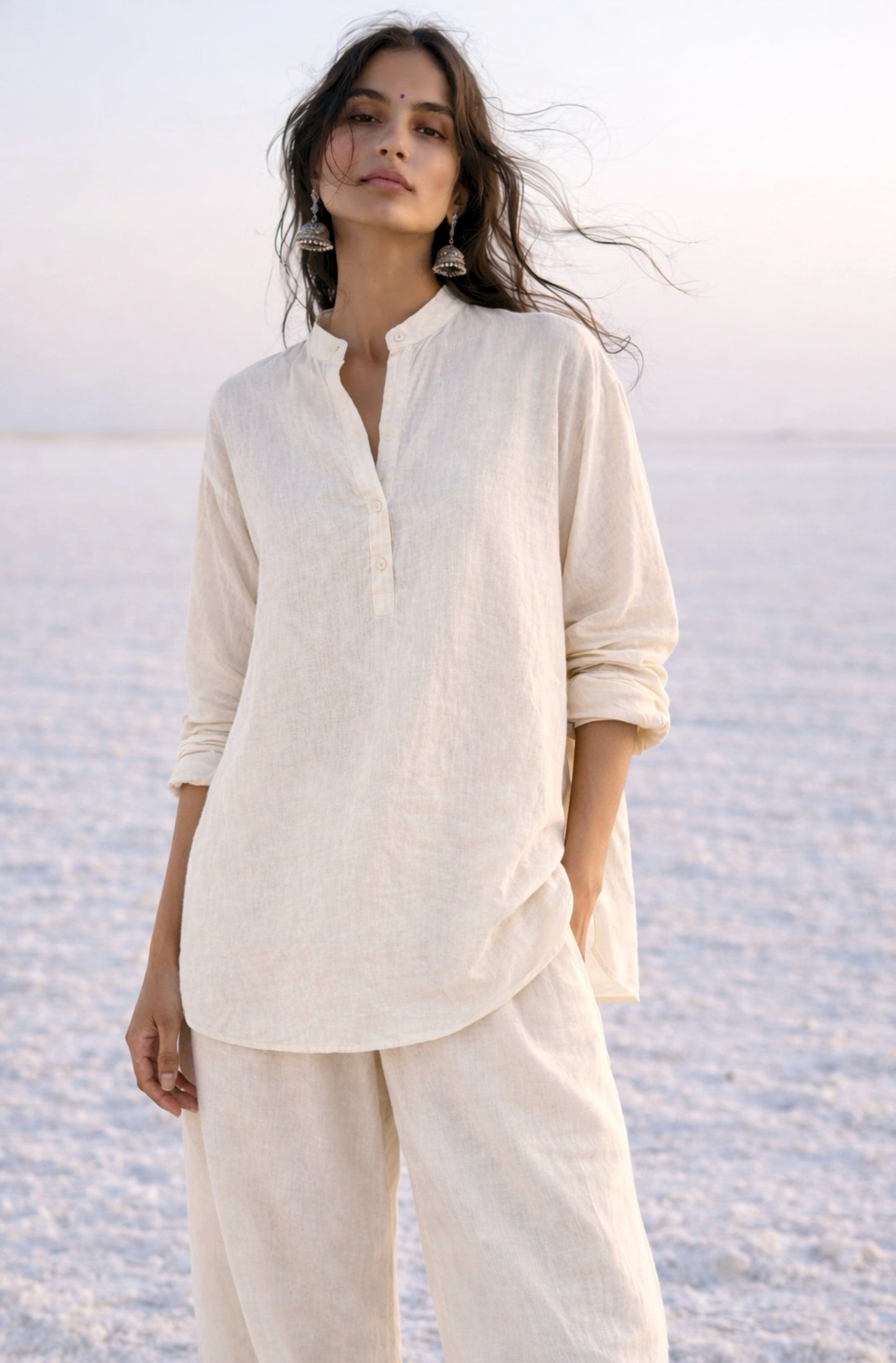 Off-white handspun and handwoven raw cotton co-ord set with relaxed shirt and wide-leg pants for women