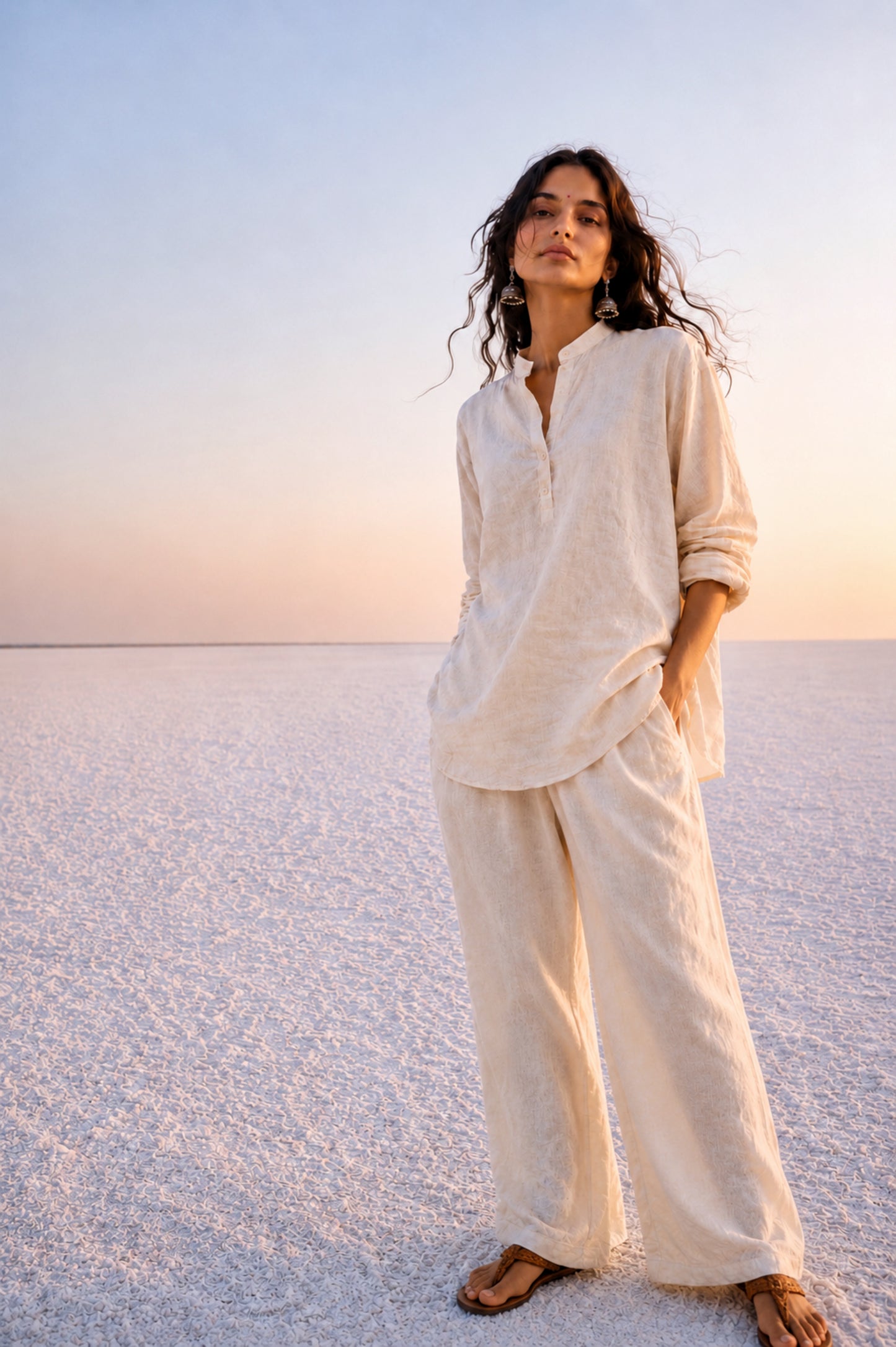 Off-white handspun and handwoven raw cotton co-ord set with relaxed shirt and wide-leg pants for women
