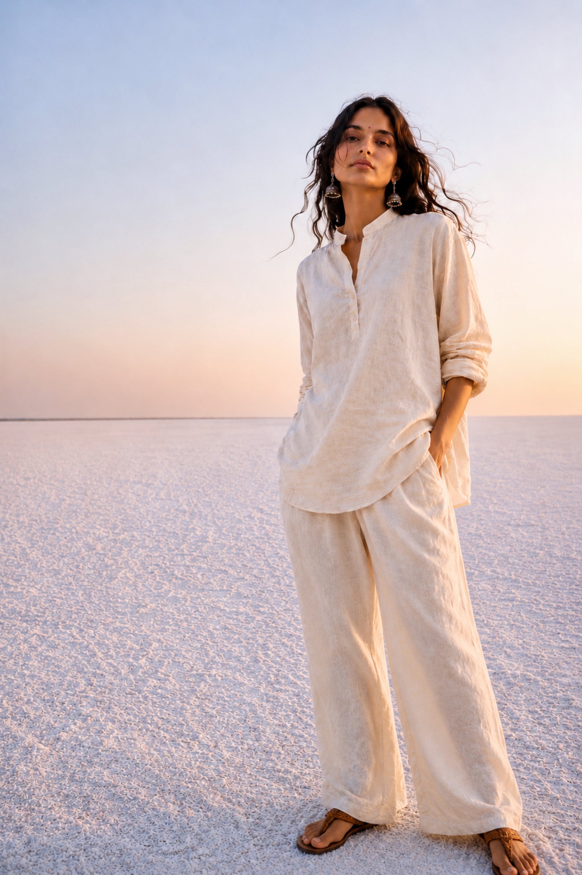 Off-white handspun and handwoven raw cotton co-ord set with relaxed shirt and wide-leg pants for women