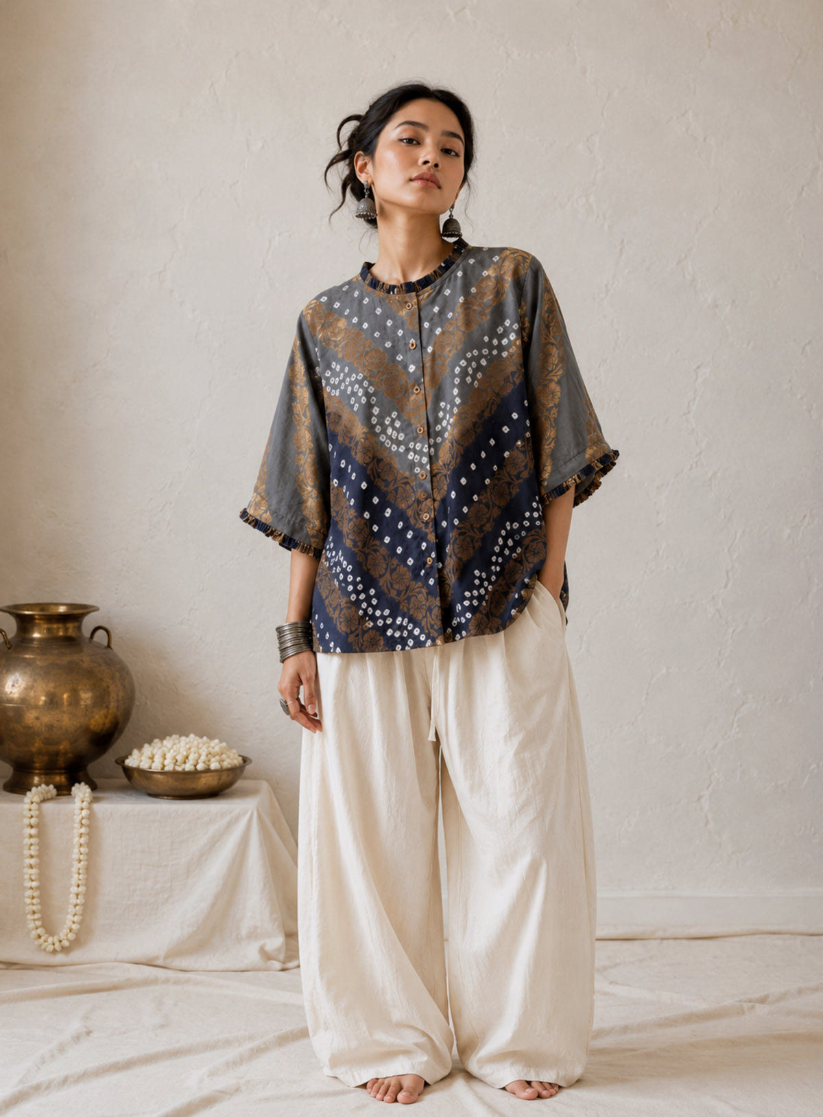 Dhundh festive Bandhani cotton shirt in light grey and deep charcoal grey with ivory hand tie-dyed Bandhani and antique-gold self-Banarasi floral weave