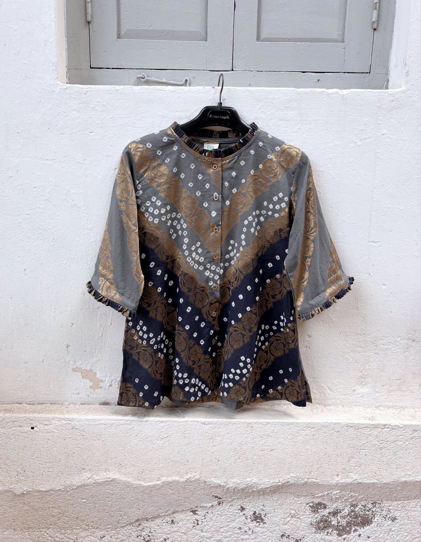 Dhundh festive Bandhani cotton shirt in light grey and deep charcoal grey with ivory hand tie-dyed Bandhani and antique-gold self-Banarasi floral weave