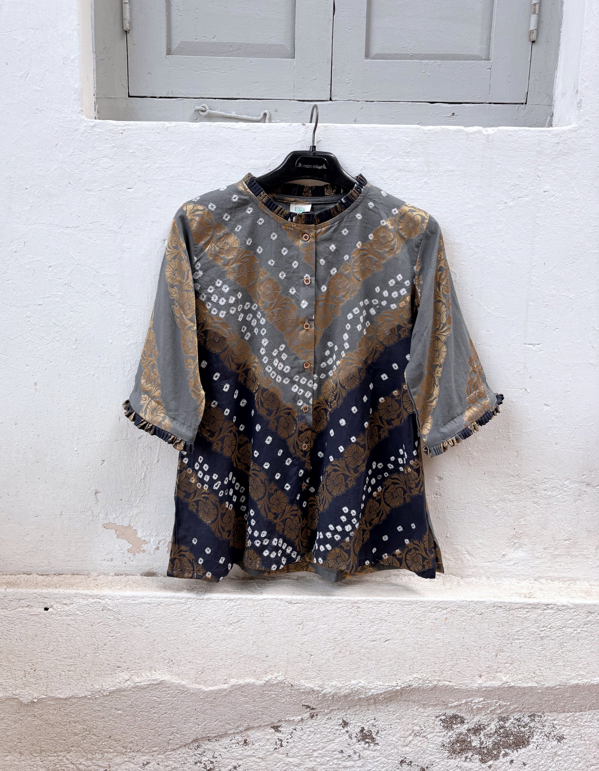 Dhundh festive Bandhani cotton shirt in light grey and deep charcoal grey with ivory hand tie-dyed Bandhani and antique-gold self-Banarasi floral weave