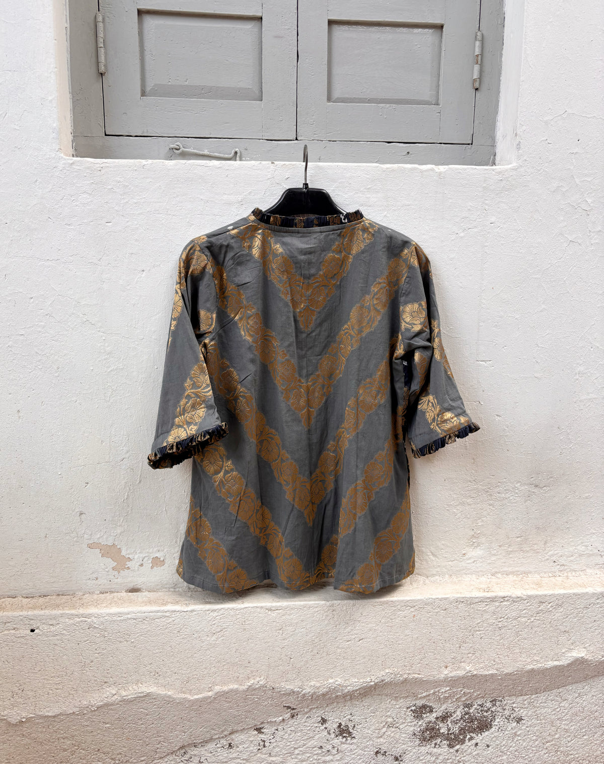 Dhundh festive Bandhani cotton shirt in light grey and deep charcoal grey with ivory hand tie-dyed Bandhani and antique-gold self-Banarasi floral weave