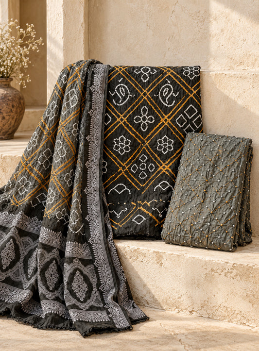 Dhusar grey Rai Bandhani modal silk suit fabric with matching dupatta featuring printed borders and self-thread woven detailing