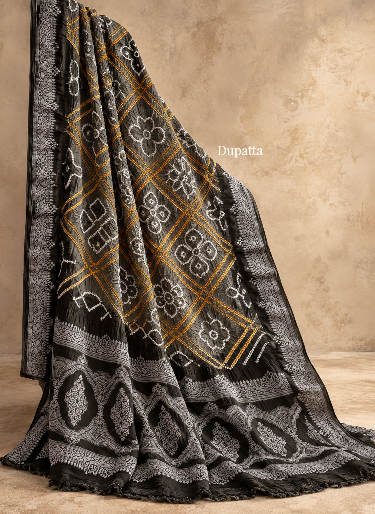 Grey modal silk unstitched Rai Bandhani suit set in dark graphite, smoky and ash grey with ivory motifs and mustard-gold lines