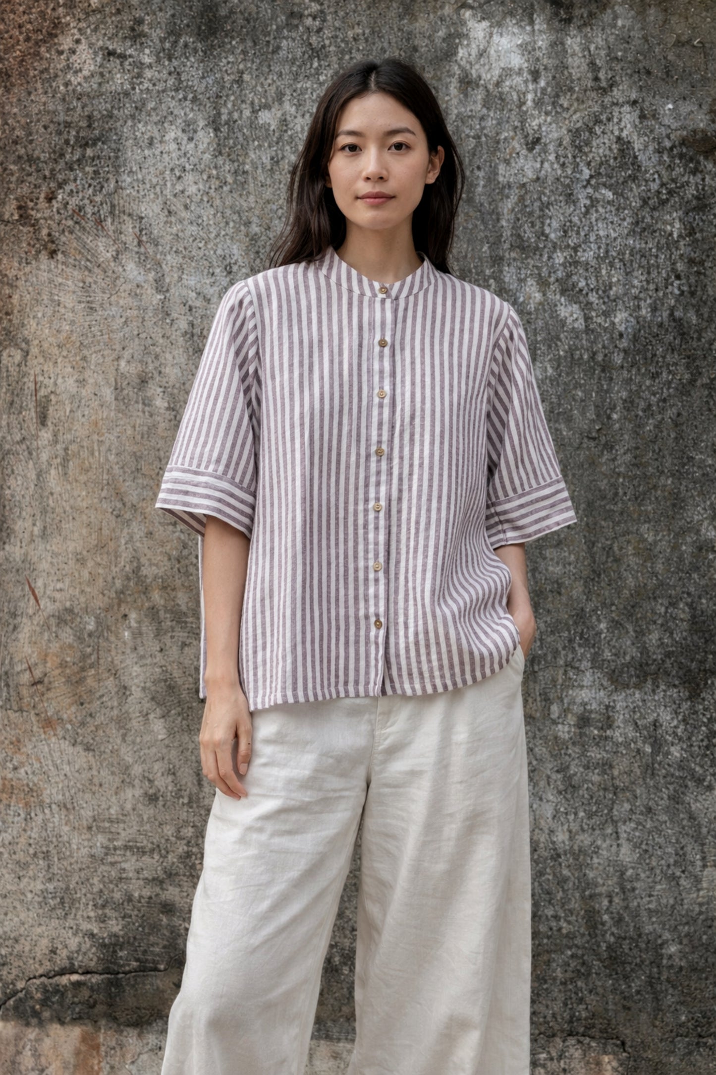Dusty mauve and off white striped handspun handwoven cotton shirt for women, slow made and breathable