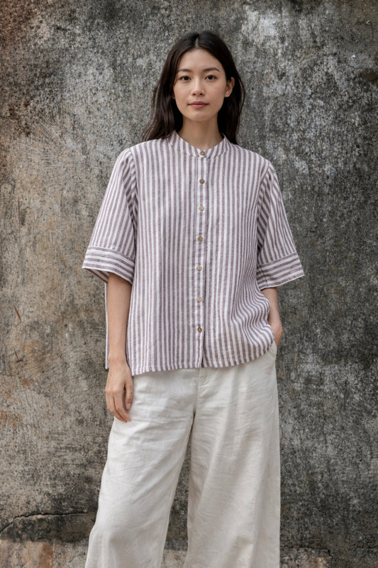 Dusty mauve and off white striped handspun handwoven cotton shirt for women, slow made and breathable