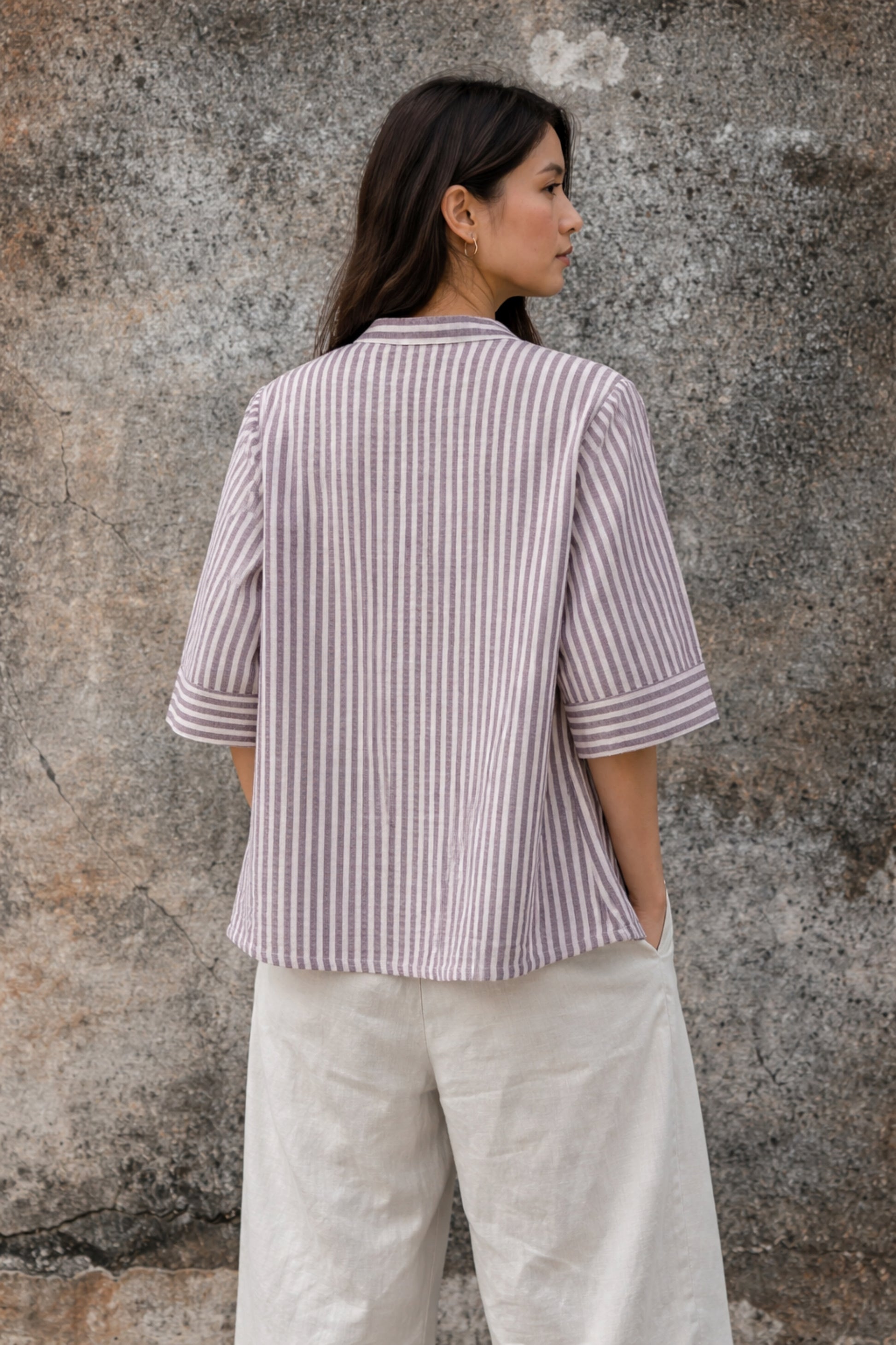 Dusty mauve and off white striped handspun handwoven cotton shirt for women, slow made and breathable