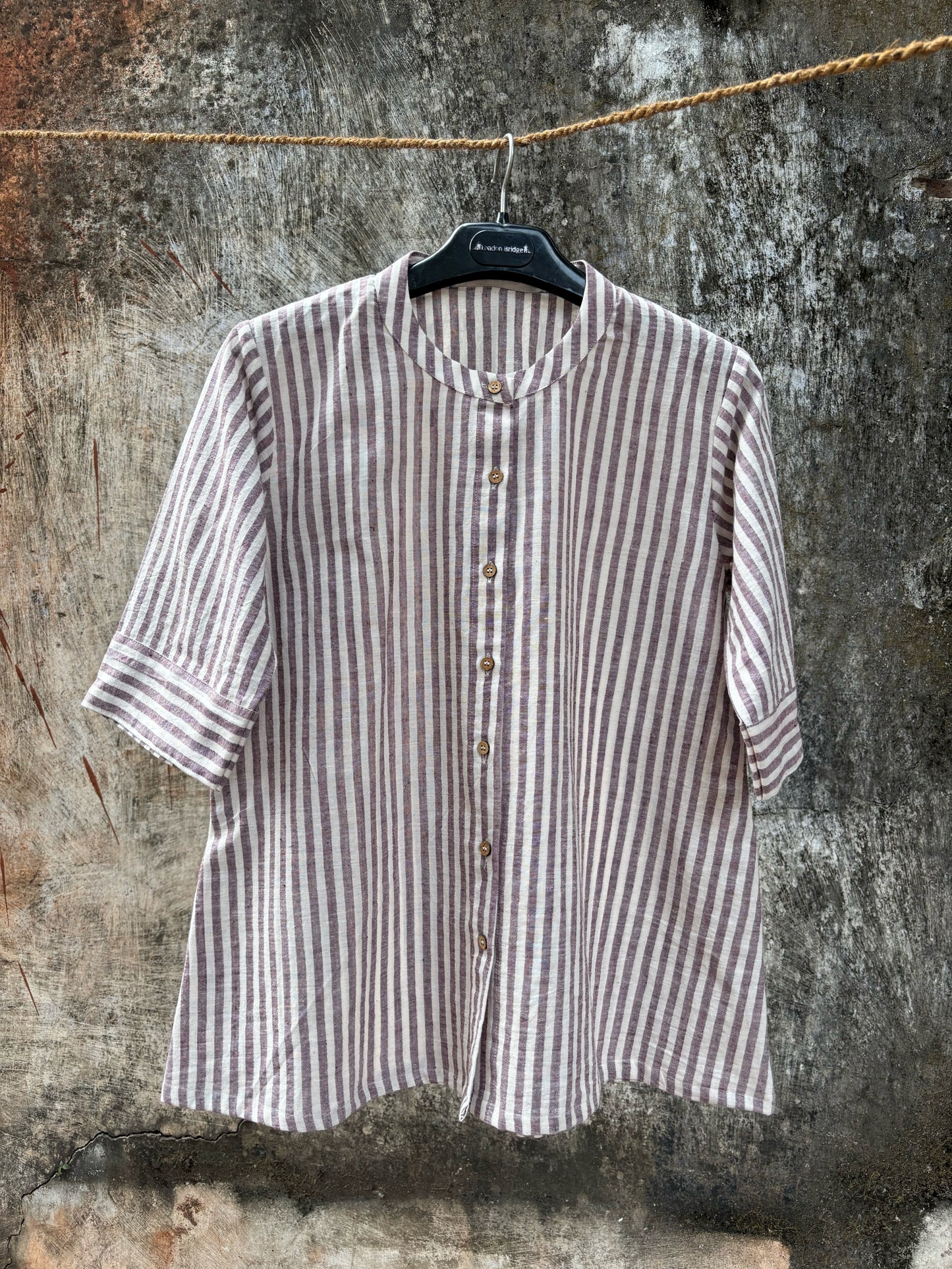 Dusty mauve and off white striped handspun handwoven cotton shirt for women, slow made and breathable