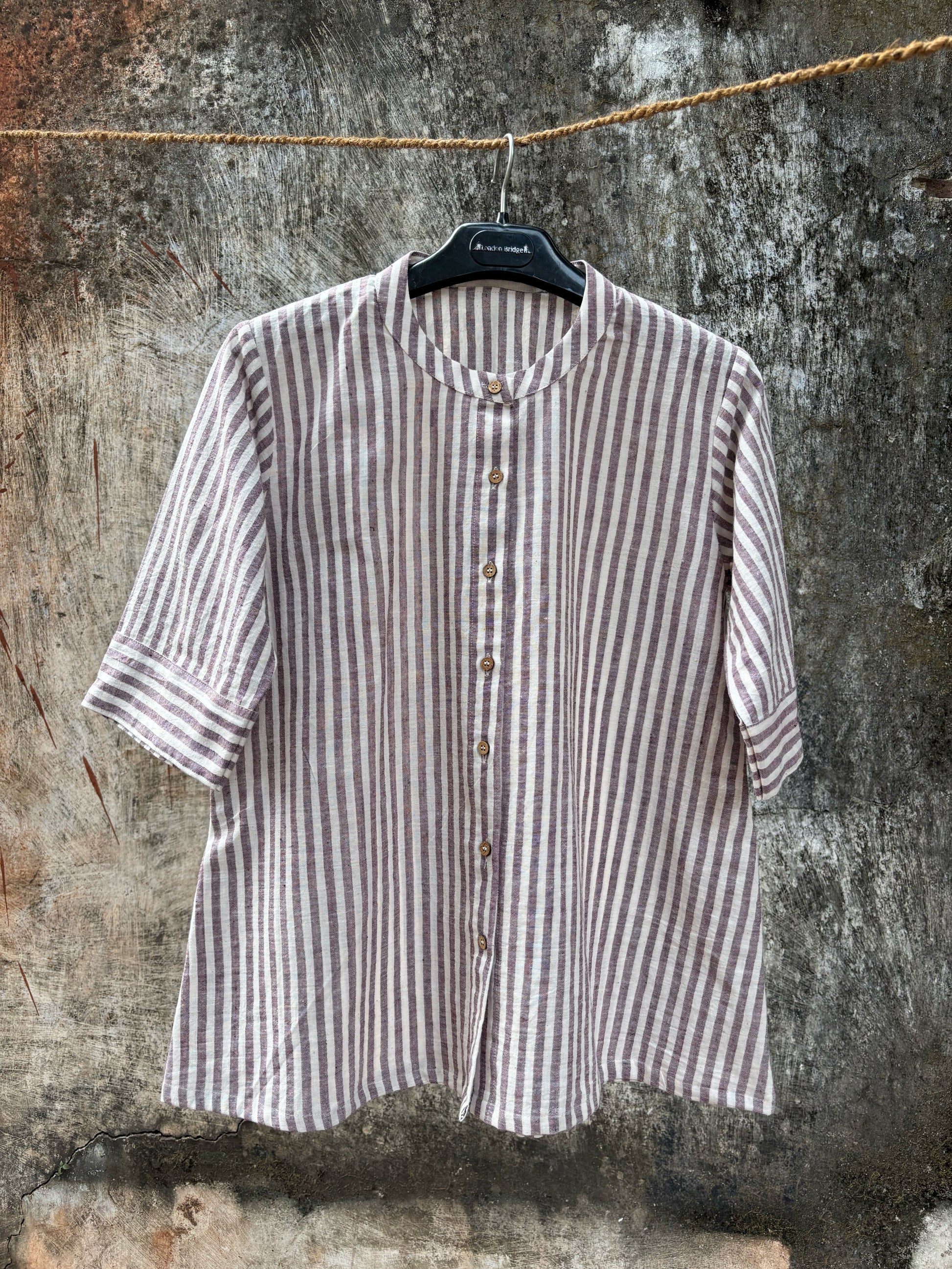 Dusty mauve and off white striped handspun handwoven cotton shirt for women, slow made and breathable