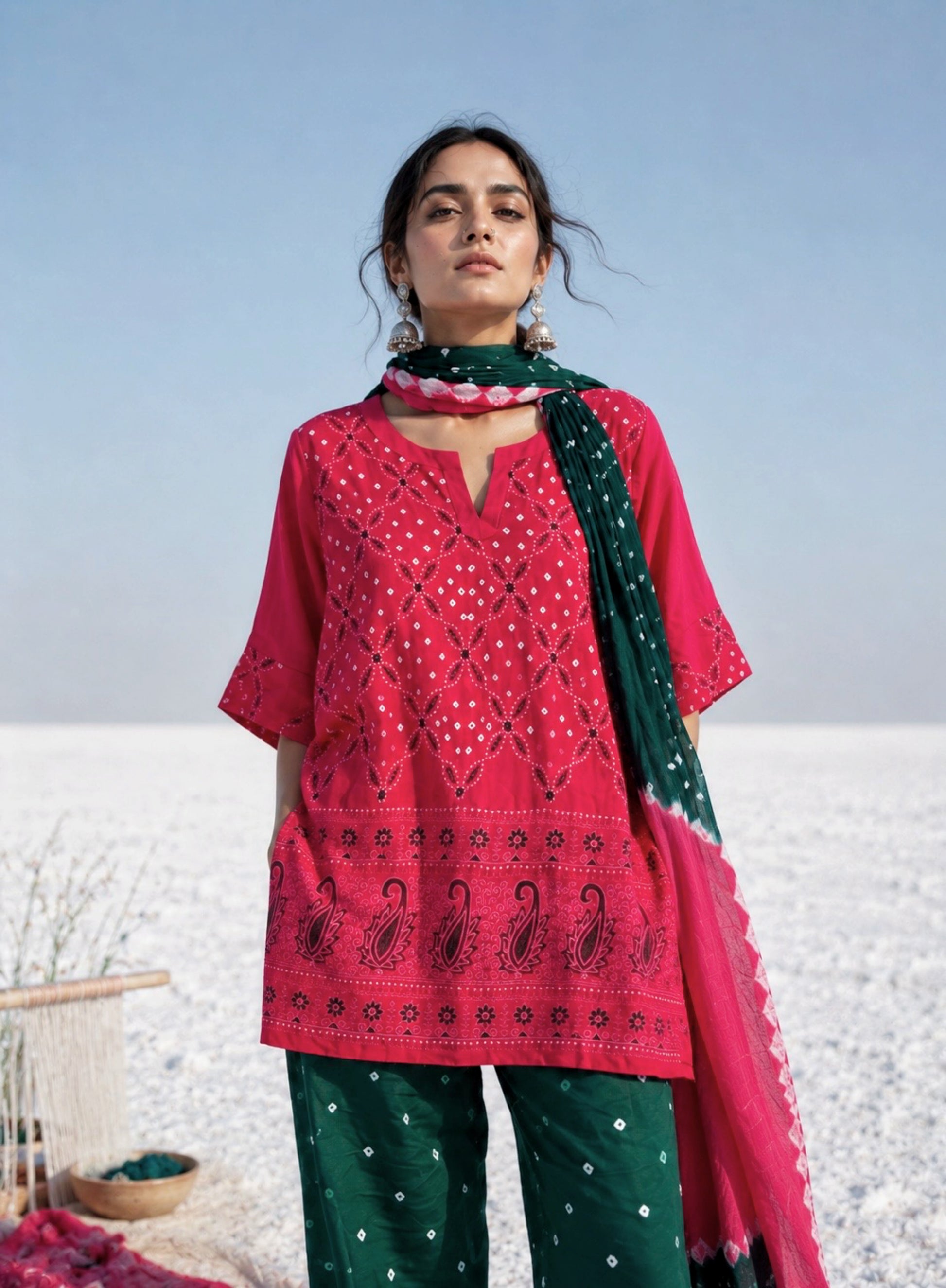 Pink and green Bandhani three-piece set with embroidered kurta, Bandhani pants and hand tie-dyed dupatta for women