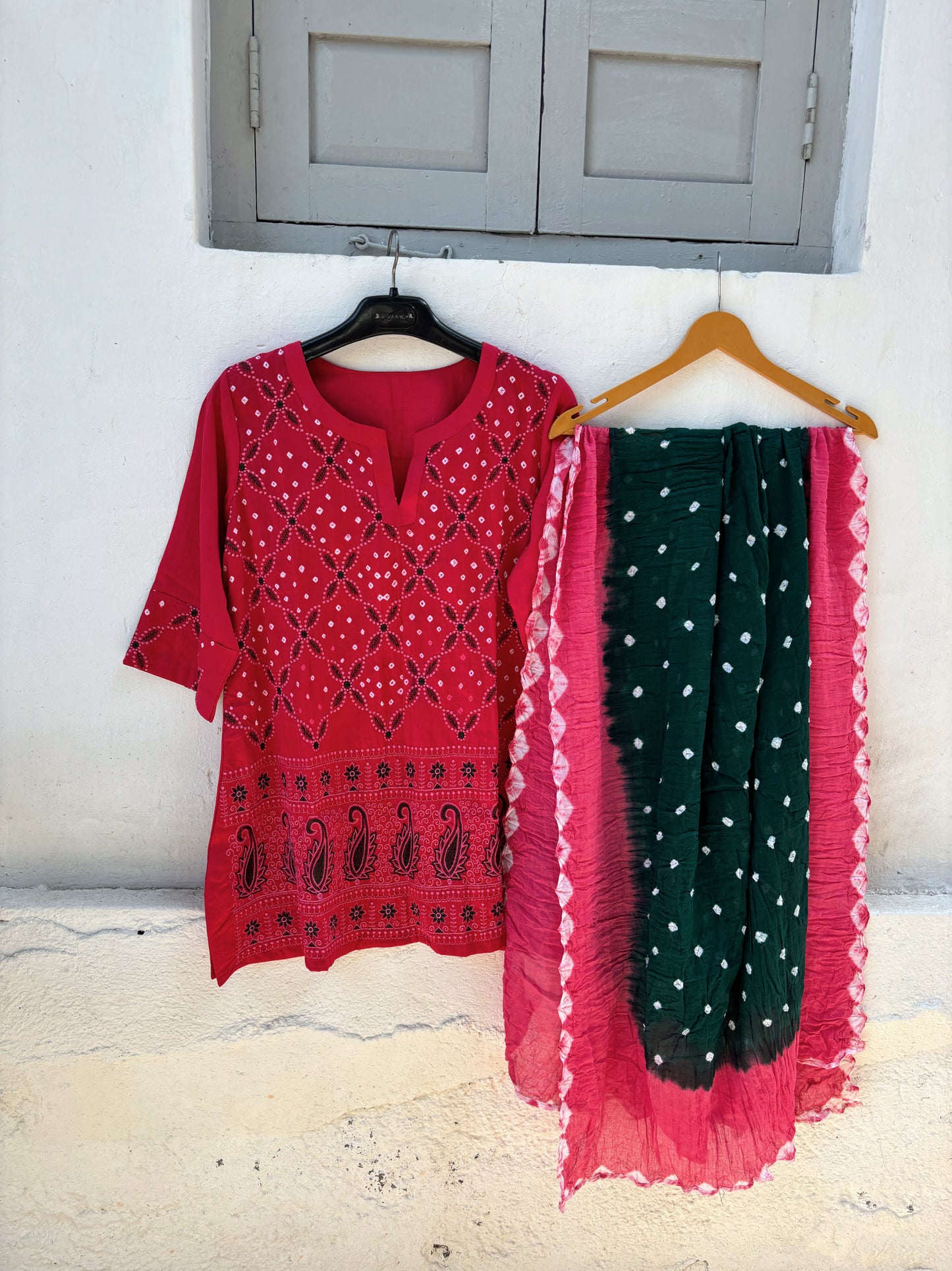 Pink and green Bandhani three-piece set with embroidered kurta, Bandhani pants and hand tie-dyed dupatta for women