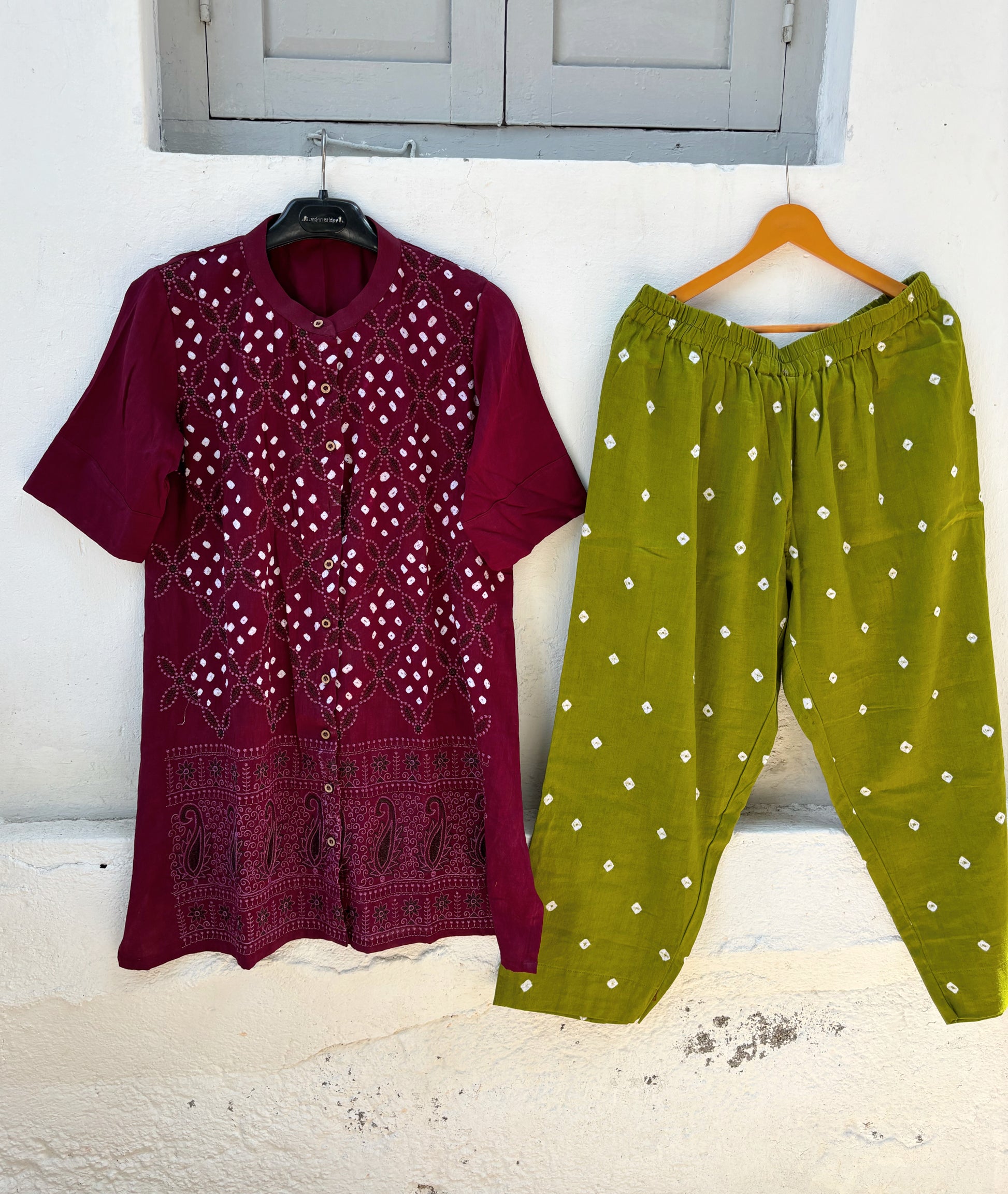 Deep wine and green Bandhani three-piece set with embroidered kurta, Bandhani pants and hand tie-dyed dupatta for women