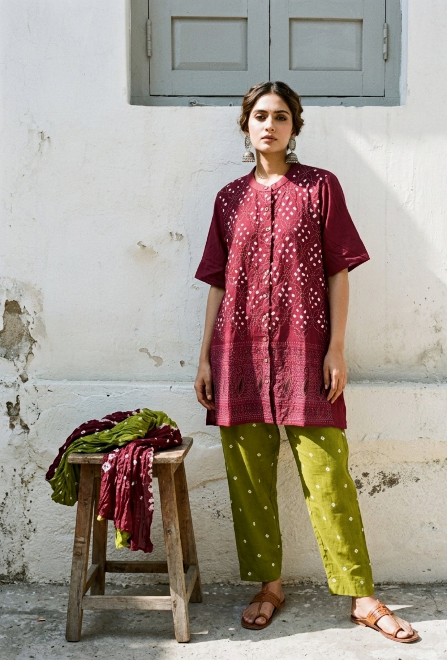 Deep wine and green Bandhani three-piece set with embroidered kurta, Bandhani pants and hand tie-dyed dupatta for women
