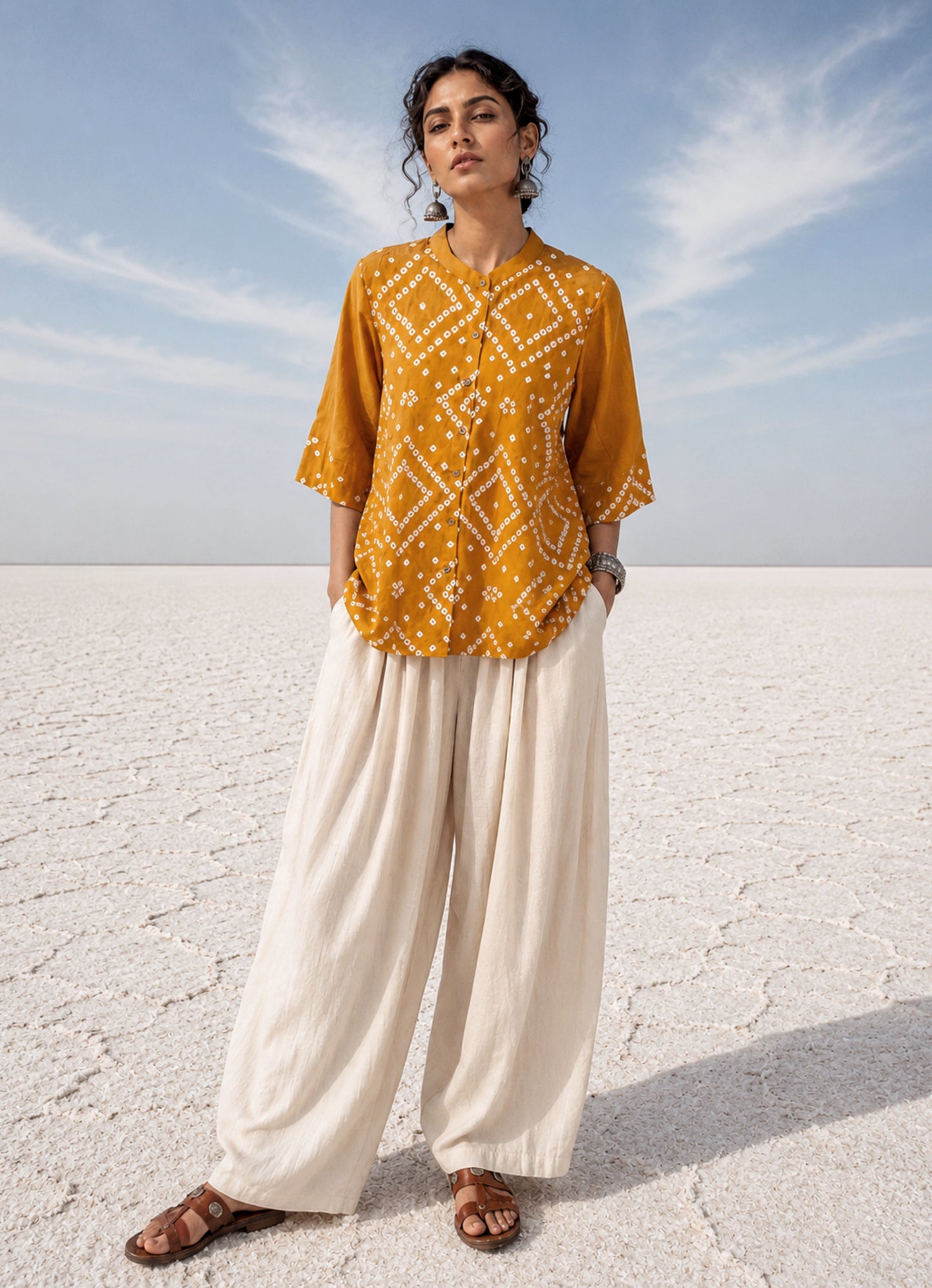 Golden Ochre hand tie-dyed Bandhani cotton satin shirt with handcrafted geometric motifs, soft mandarin collar and relaxed fit.