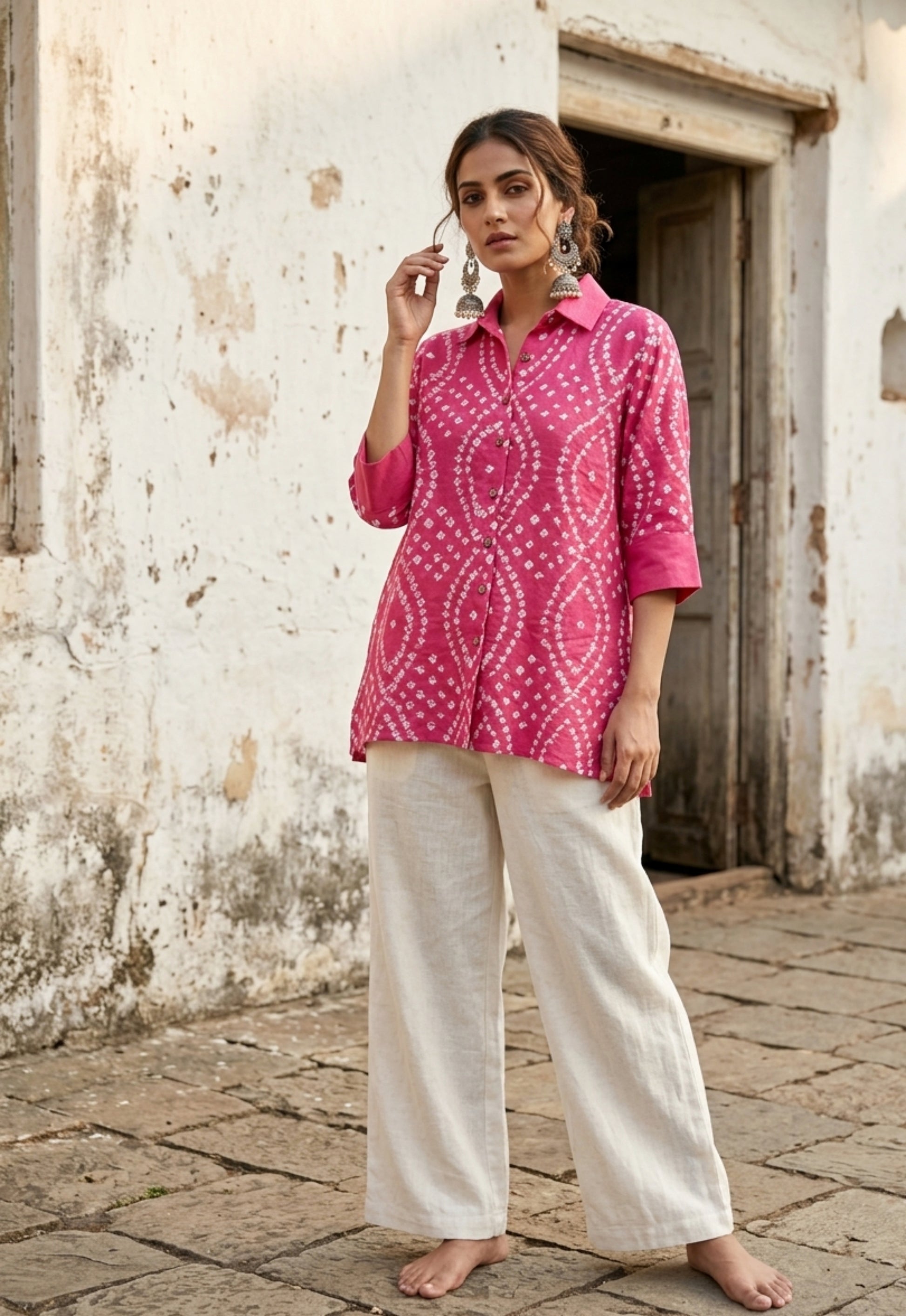 Pink Bandhani shirt for women with leher pattern in front and round design at back, hand tie dyed on cotton satin