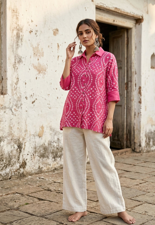 Pink Bandhani shirt for women with leher pattern in front and round design at back, hand tie dyed on cotton satin