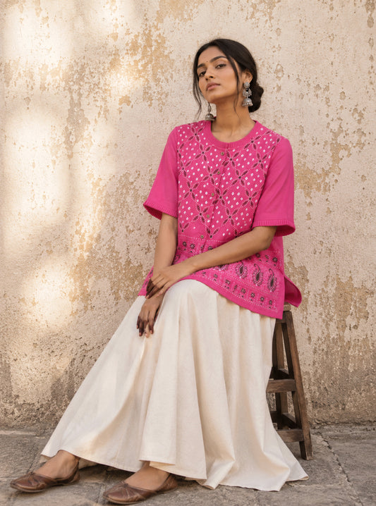 Gulaabi Dani pink Bandhani embroidered cotton satin relaxed fit shirt with pleated neckline for women