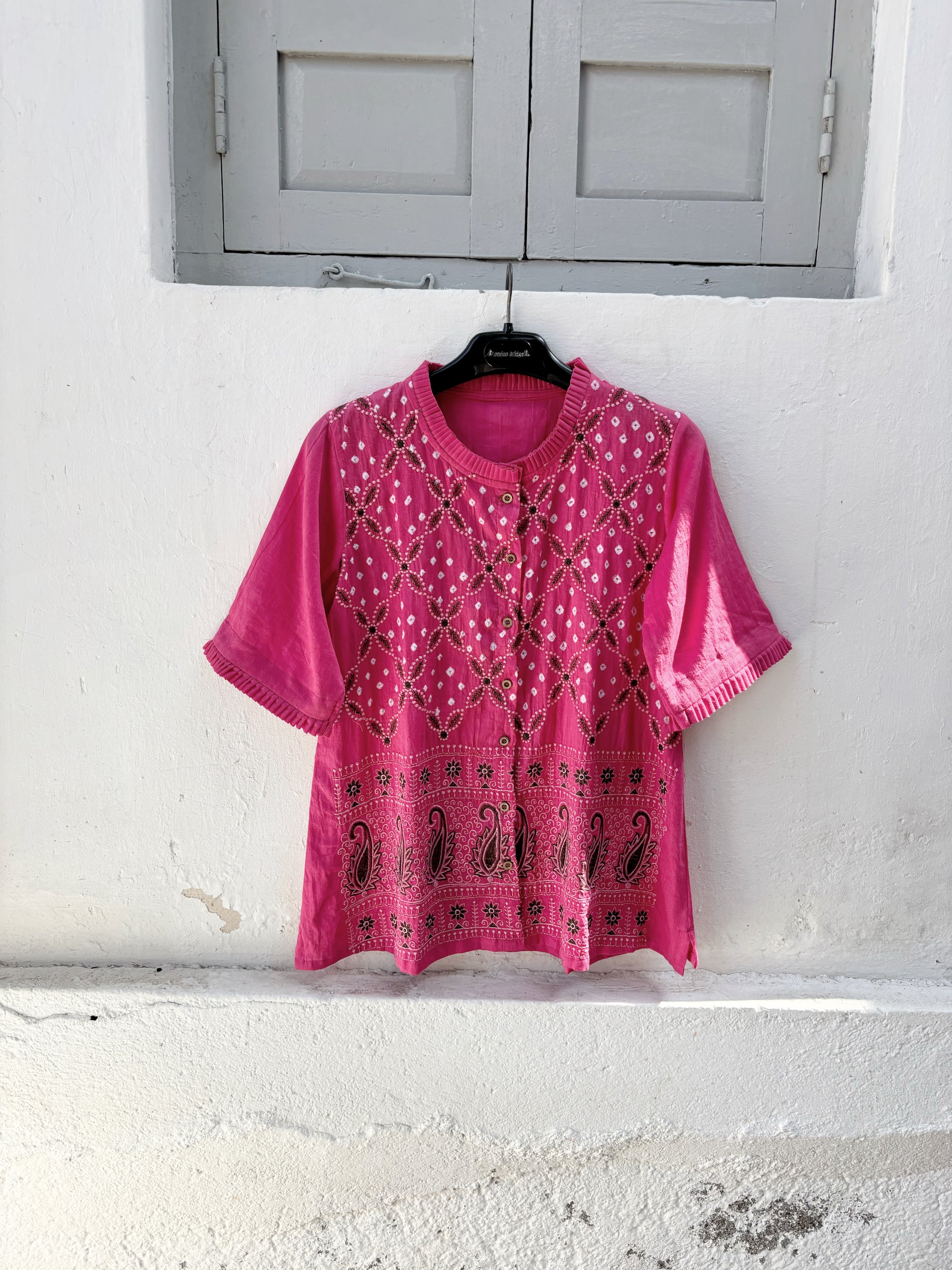 Gulaabi Dani pink Bandhani embroidered cotton satin relaxed fit shirt with pleated neckline for women