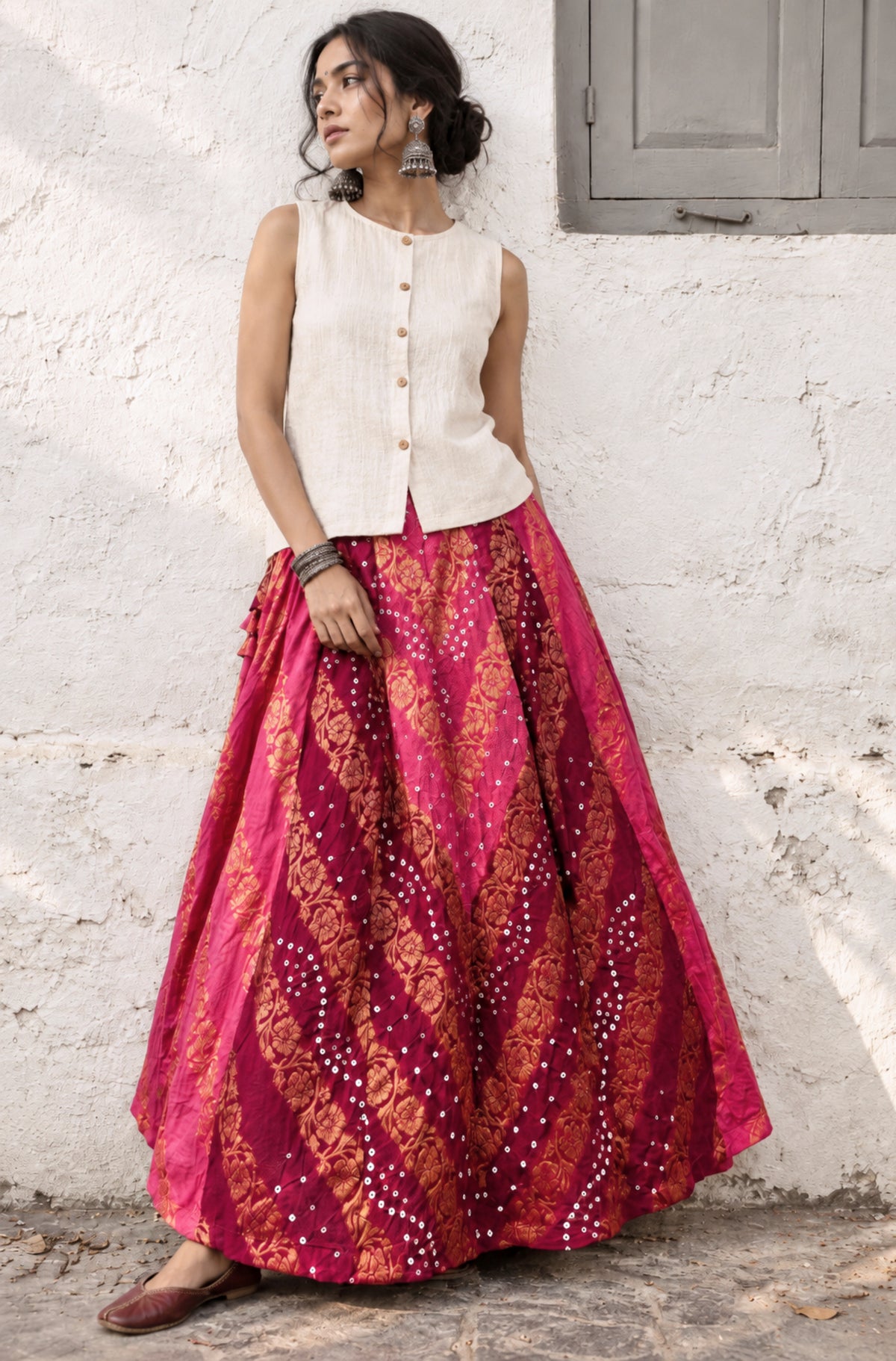Gulabi Rang gulabi pink and deep magenta-wine Bandhani cotton skirt with self-Banarasi floral weave