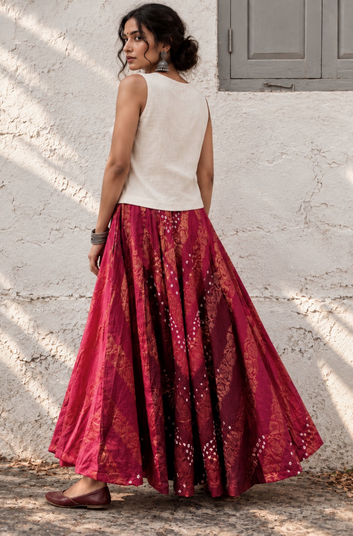 Gulabi Rang gulabi pink and deep magenta-wine Bandhani cotton skirt with self-Banarasi floral weave