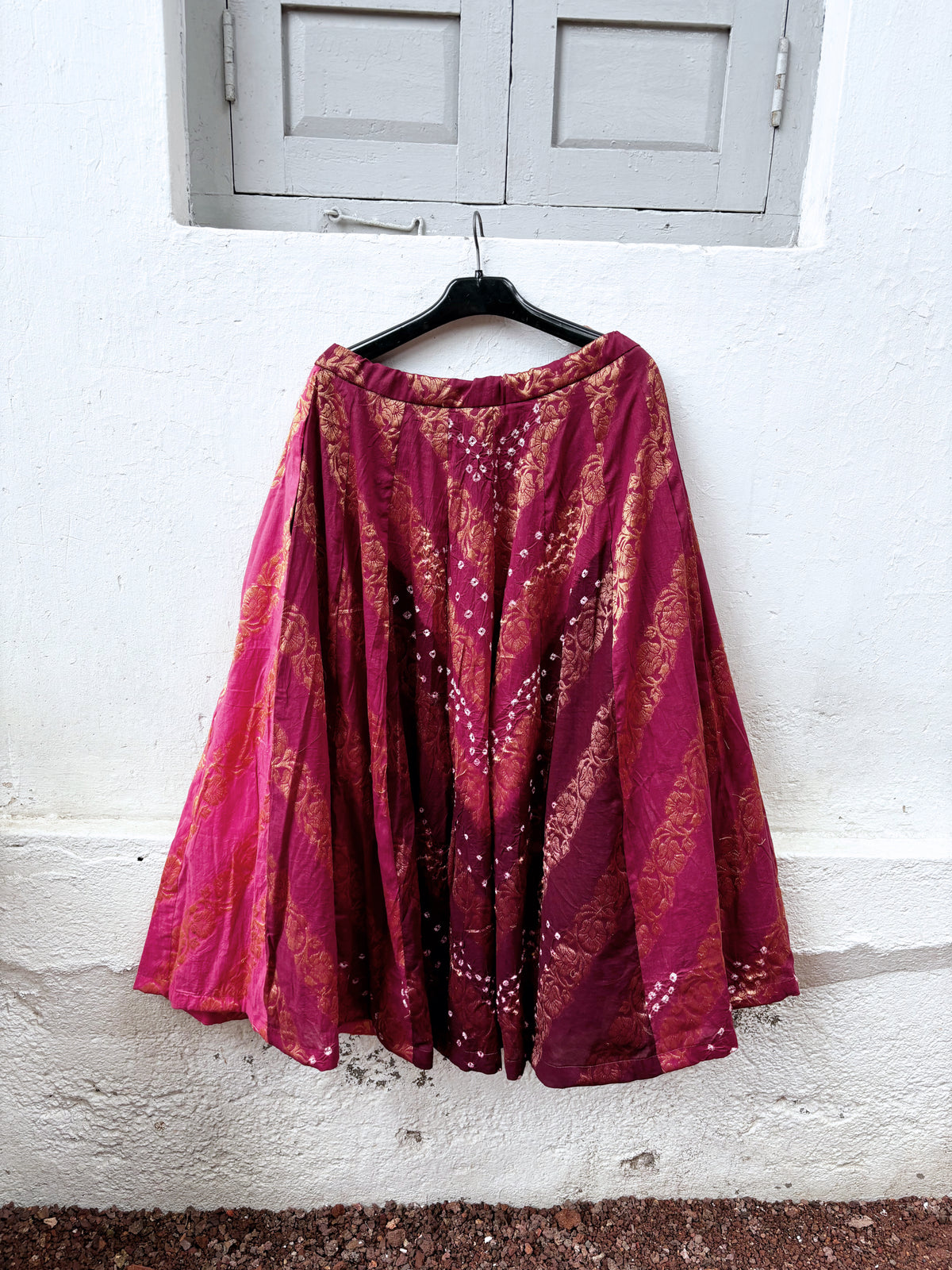 Gulabi Rang gulabi pink and deep magenta-wine Bandhani cotton skirt with self-Banarasi floral weave