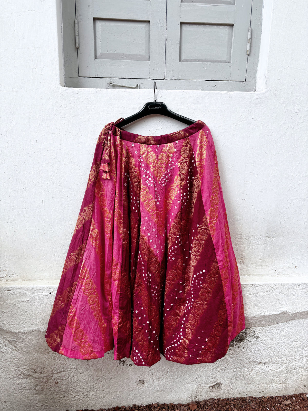 Gulabi Rang gulabi pink and deep magenta-wine Bandhani cotton skirt with self-Banarasi floral weave