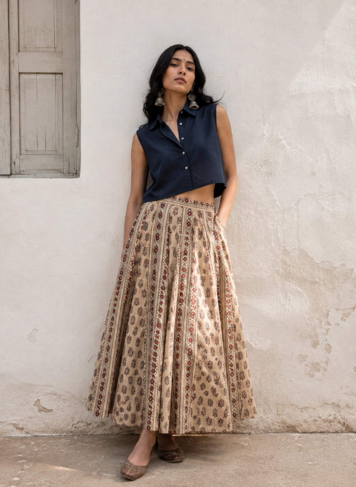 Gulika hand block printed Ajrakh cotton kali skirt with floral and geometric motifs
