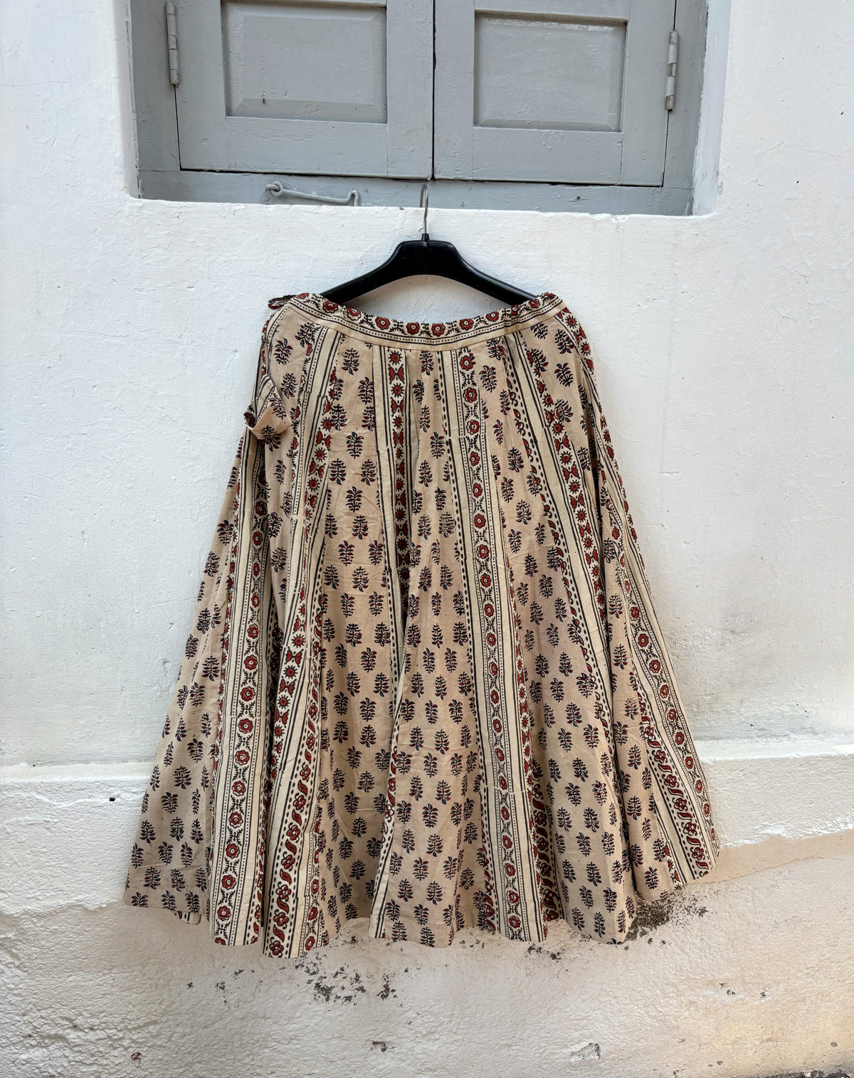 Gulika hand block printed Ajrakh cotton kali skirt with floral and geometric motifs
