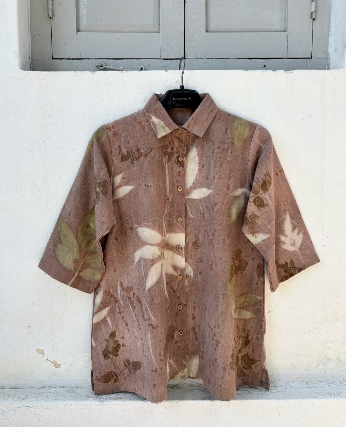 Handspun handwoven cotton eco print shirt for women in earthy cocoa brown with natural leaf prints, relaxed fit, handmade and naturally dyed.