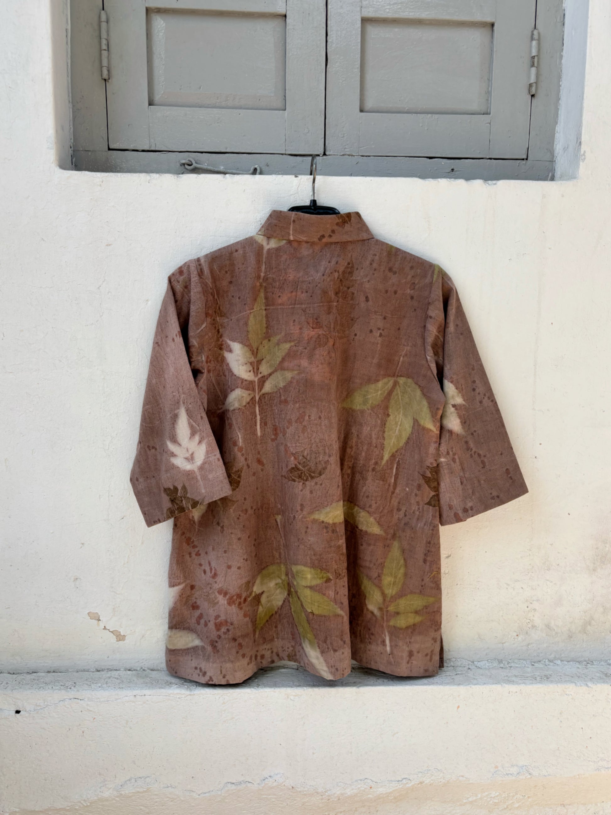 Handspun handwoven cotton eco print shirt for women in earthy cocoa brown with natural leaf prints, relaxed fit, handmade and naturally dyed.